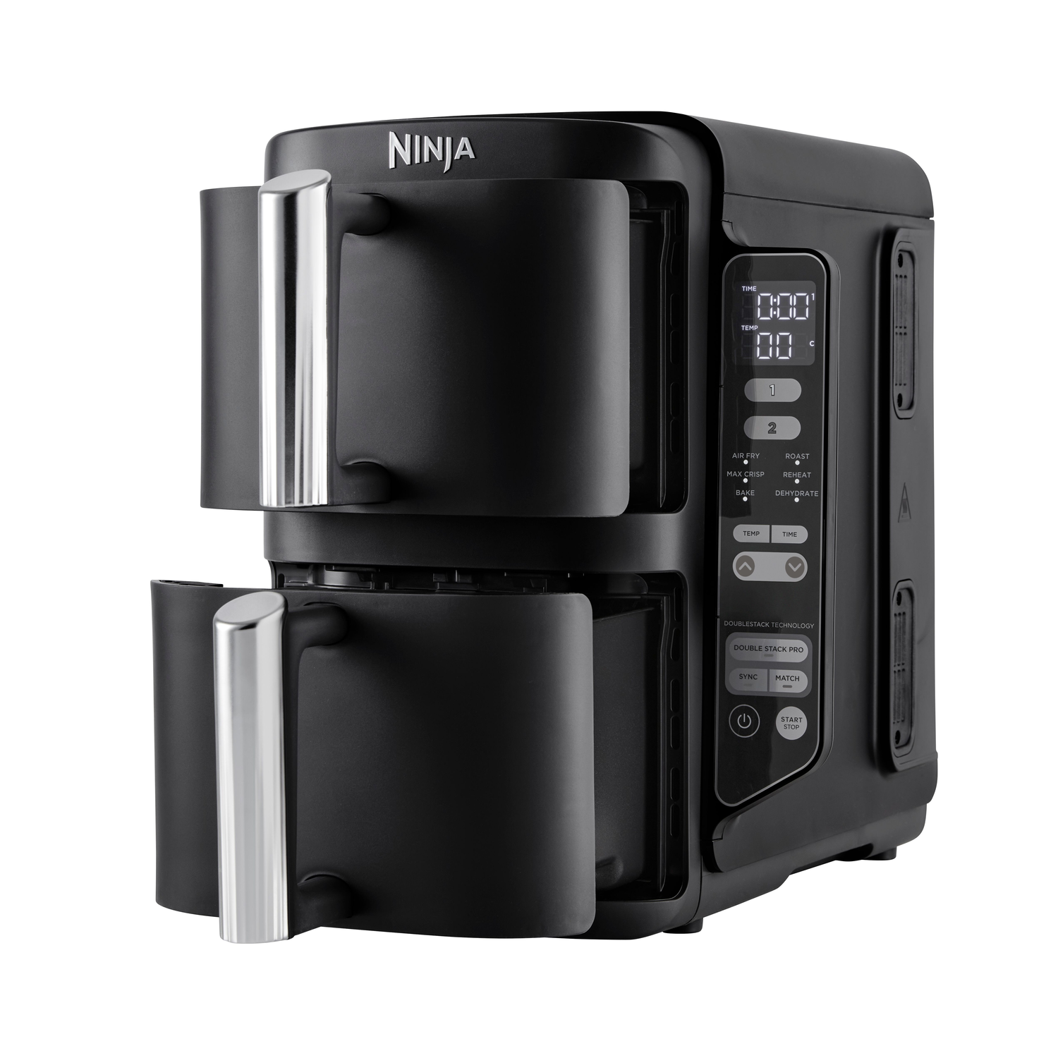 A black Ninja air fryer with two compartments. The doors are open, and there's a digital display. Silver handles and buttons are visible.