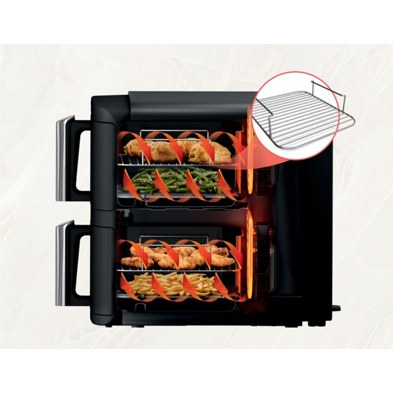 A black air fryer shows food inside. Chicken, green beans, fries. A detail shows a metal rack. Red air flow arrows are visible.