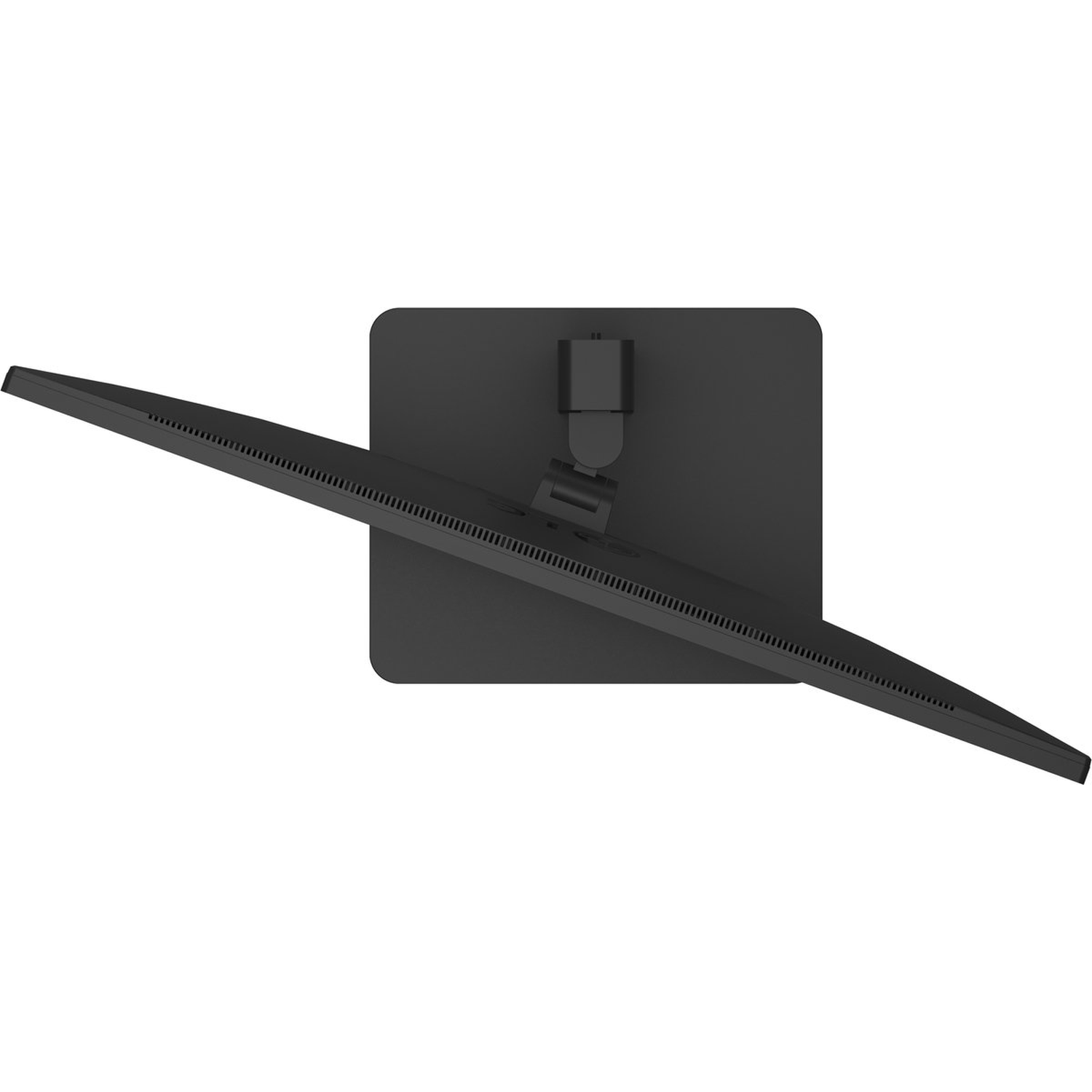 Overhead shot of a black computer monitor. The screen is tilted, showing its edge. The stand is square and the background is white.