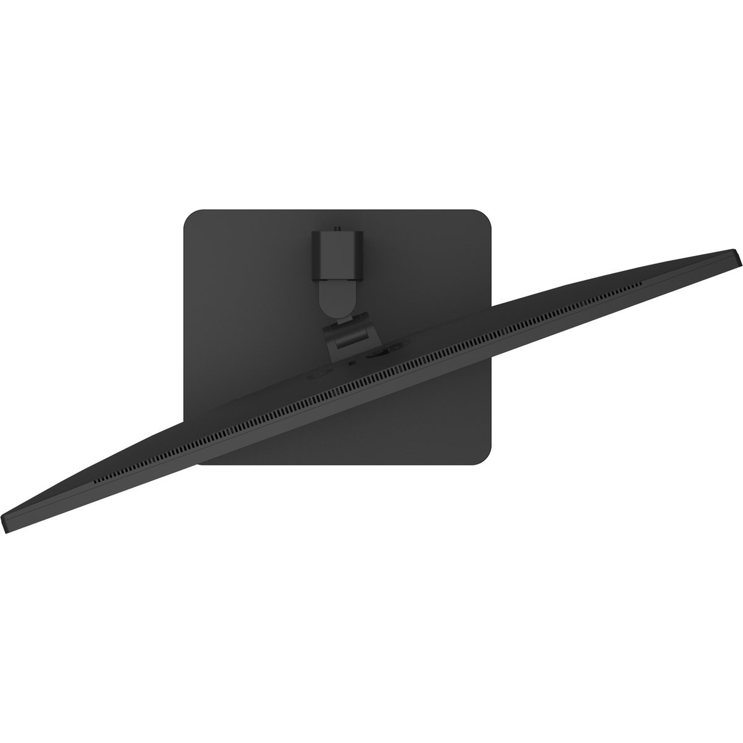 Top-down view of a black computer monitor. The screen is angled, showing the back with stand and ports.