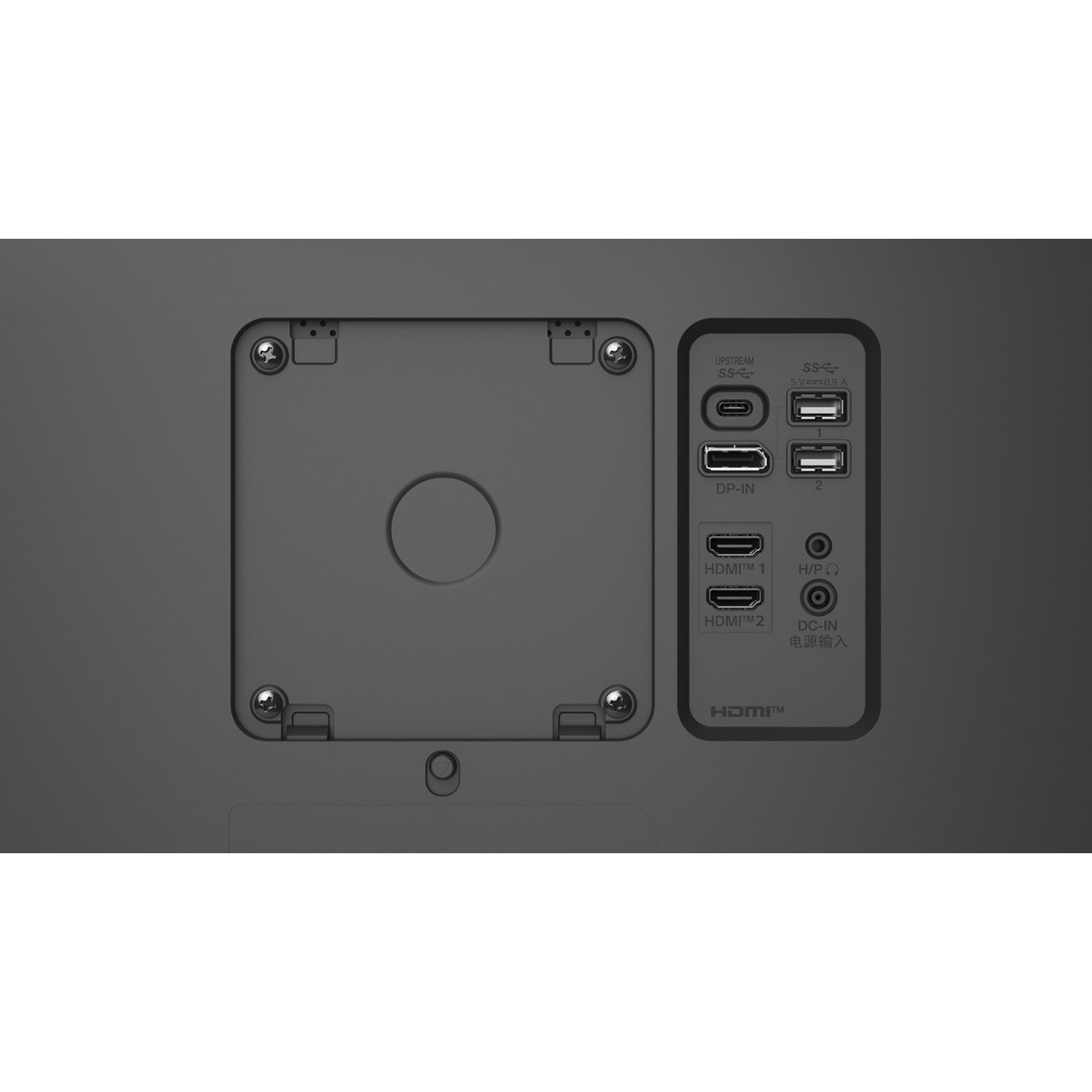 A close-up of the back of a black monitor. It has several ports, including USB, HDMI, and power. There is also a central square area.