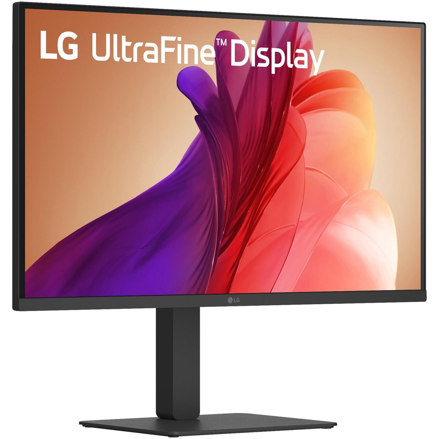 LG UltraFine Display monitor. Purple and red abstract graphic on the screen. Black stand and base. White background.
