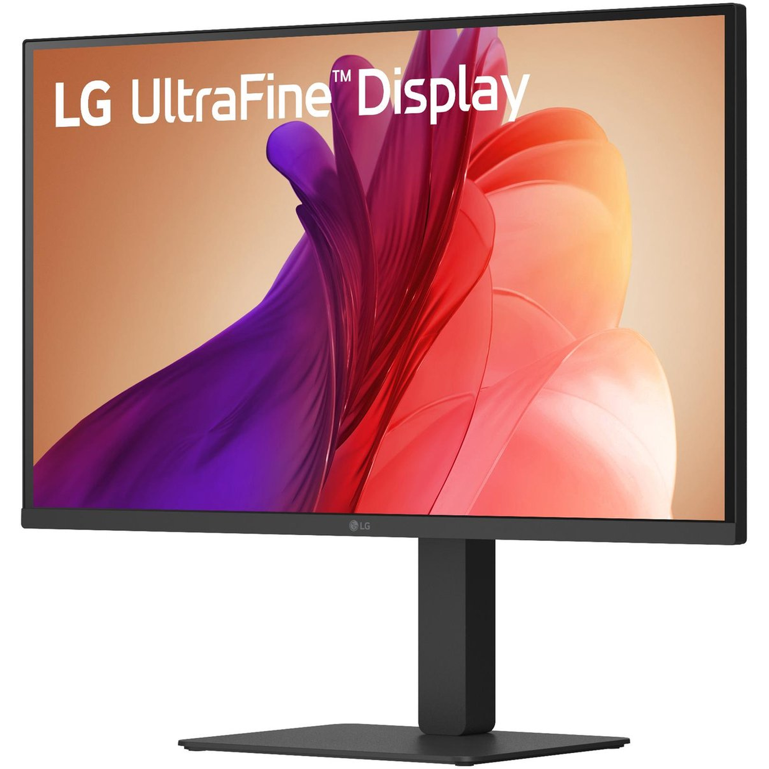 LG UltraFine Display monitor. The screen displays a red and purple abstract design. The monitor is black and stands on a black base.