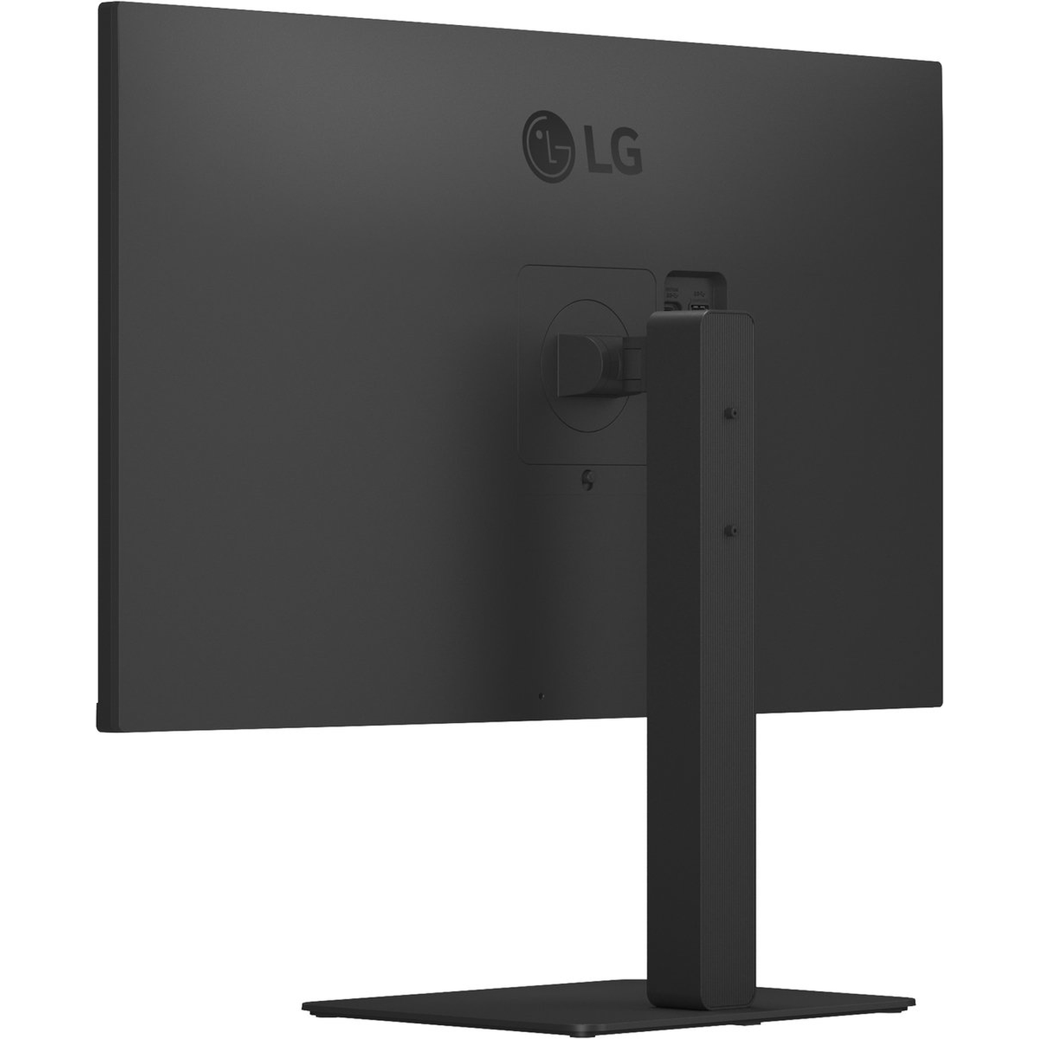 Rear view of a black LG monitor. The stand is connected to the monitor. The LG logo is visible at the top.