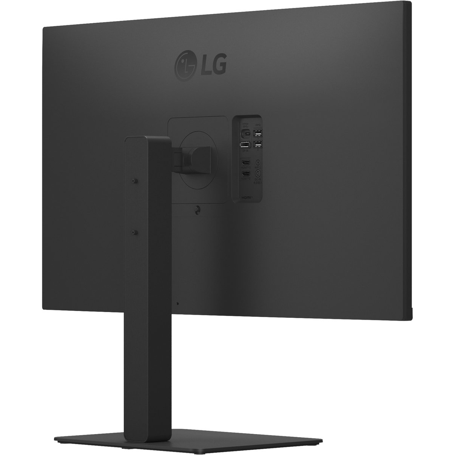 Black LG monitor back view. Ports and stand visible. LG logo on top left.