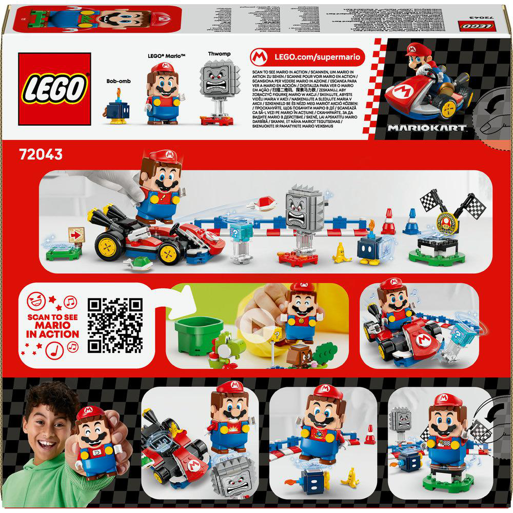 Schachtelkunst für ein LEGO Mario Kart Set. Mario, Thwomp und Bob-omb Figuren werden gezeigt, zusammen mit einem Kart und Streckenelementen.