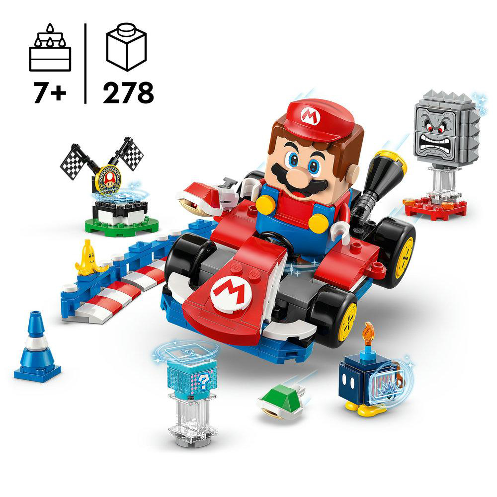 Ein Lego-Set mit Mario in einem Kart, mit anderen Spielelementen wie einem Thwomp, einem Fragezeichenblock und einer Ziellinie.
