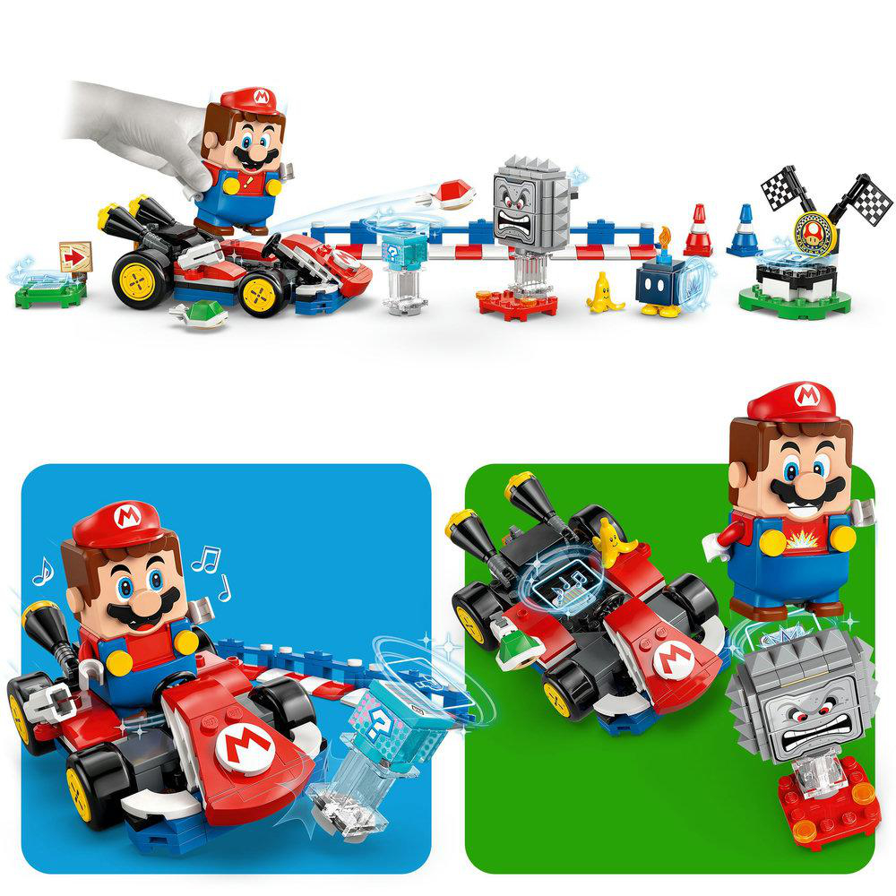 Ein Lego-Set mit Mario, Go-Karts und verschiedenen Hindernissen. Die Szene ist voller lebendiger Farben und ikonischer Spielelemente.