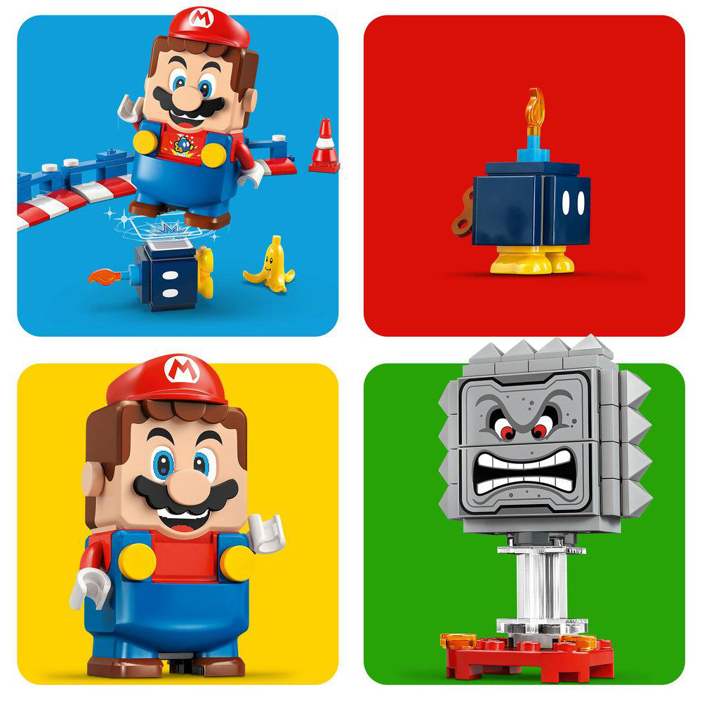 Vier Lego-Figuren: Mario, eine schwarze Box mit Flamme, ein grauer Block mit Stacheln und ein weiterer Mario. Verschiedenfarbige Hintergründe.