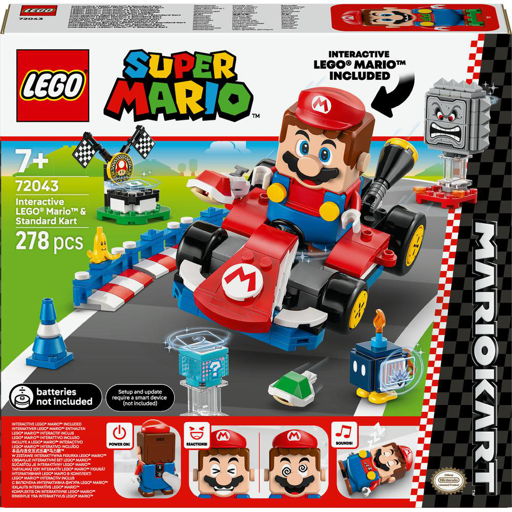 Lego Super Mario Set. Mario in einem Kart auf einer Strecke. Enthält einen Fragezeichen-Block und einen Steinblock-Charakter.