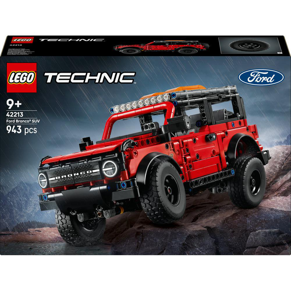 Eine rote LEGO Technic Ford Bronco SUV-Box. Der SUV ist rot mit schwarzen Reifen, auf einer felsigen Oberfläche. Die Box zeigt das Auto und Details.