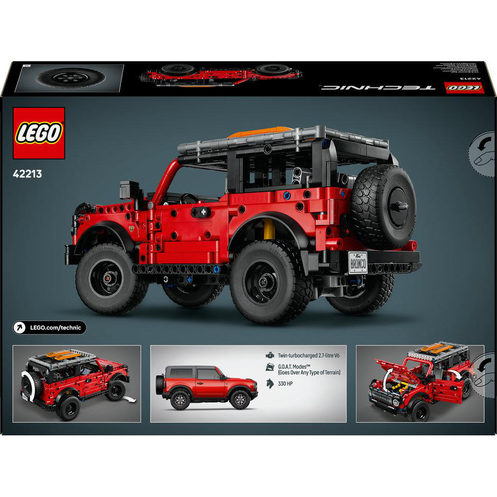 LEGO Technic 42213 Bronco Modellbox. Rotes Bronco-Modell, schwarze Räder und ein Ersatzreifen. LEGO-Logo und Produktinfo sind sichtbar.