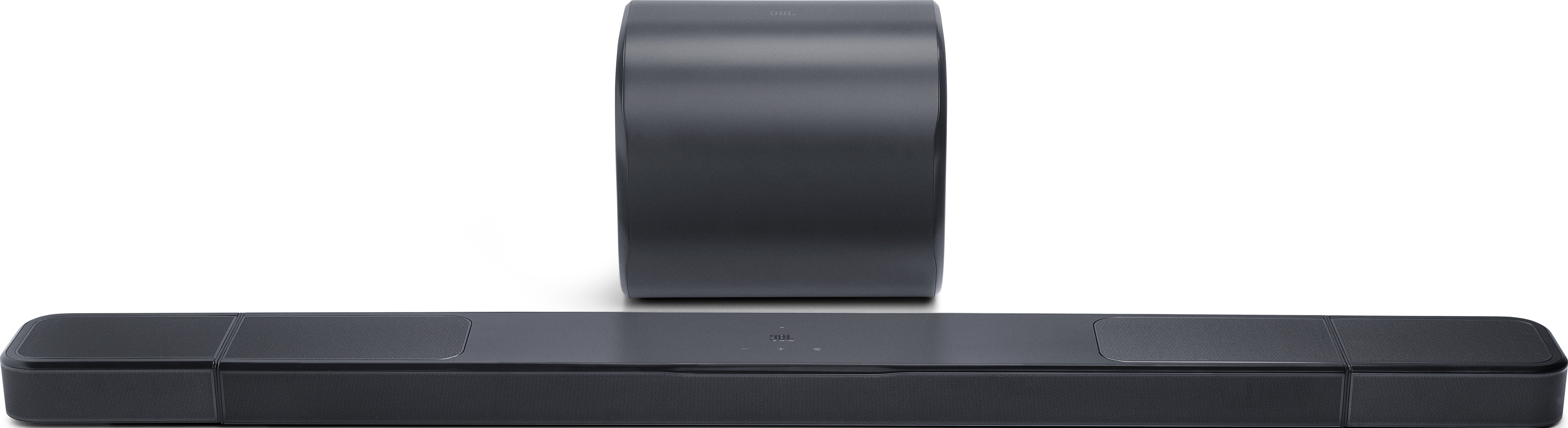 Ein dunkelgraues Soundbar- und Subwoofer-Set. Die Soundbar befindet sich unten, der Subwoofer oben. Beides auf weißem Hintergrund.
