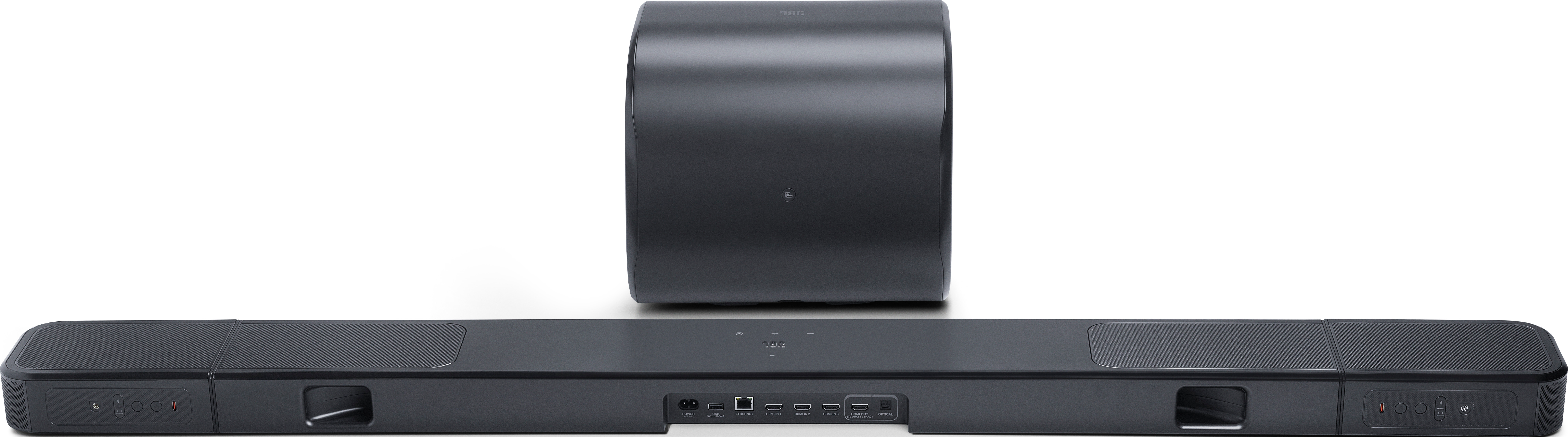 Eine schwarze Soundbar mit zylindrischem Subwoofer auf weißem Hintergrund. Die Soundbar hat Eingänge und Bedienelemente.