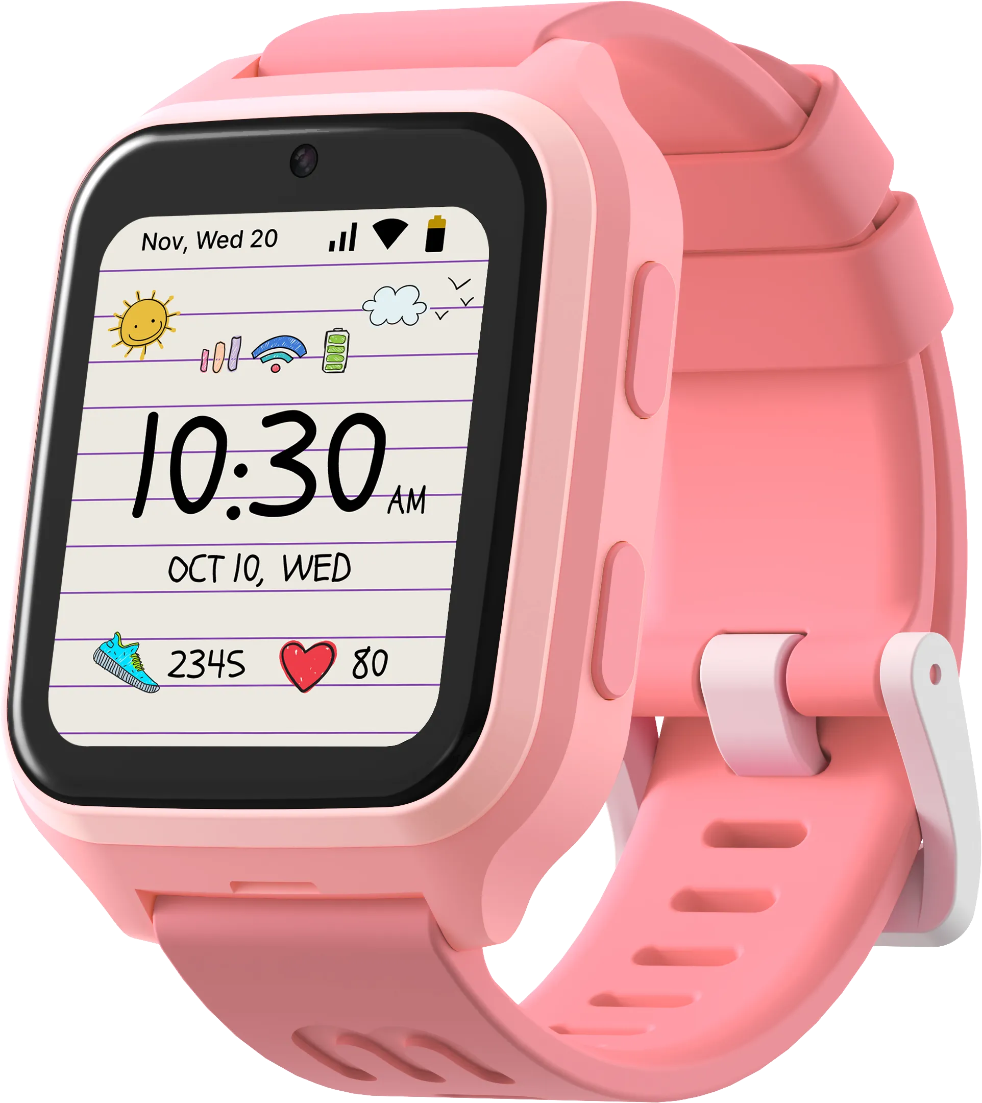 Montre connectée rose affiche 10h30, 10 oct, mer. Icônes : soleil, wifi, batterie, pas, fréquence cardiaque. Bracelet rose.