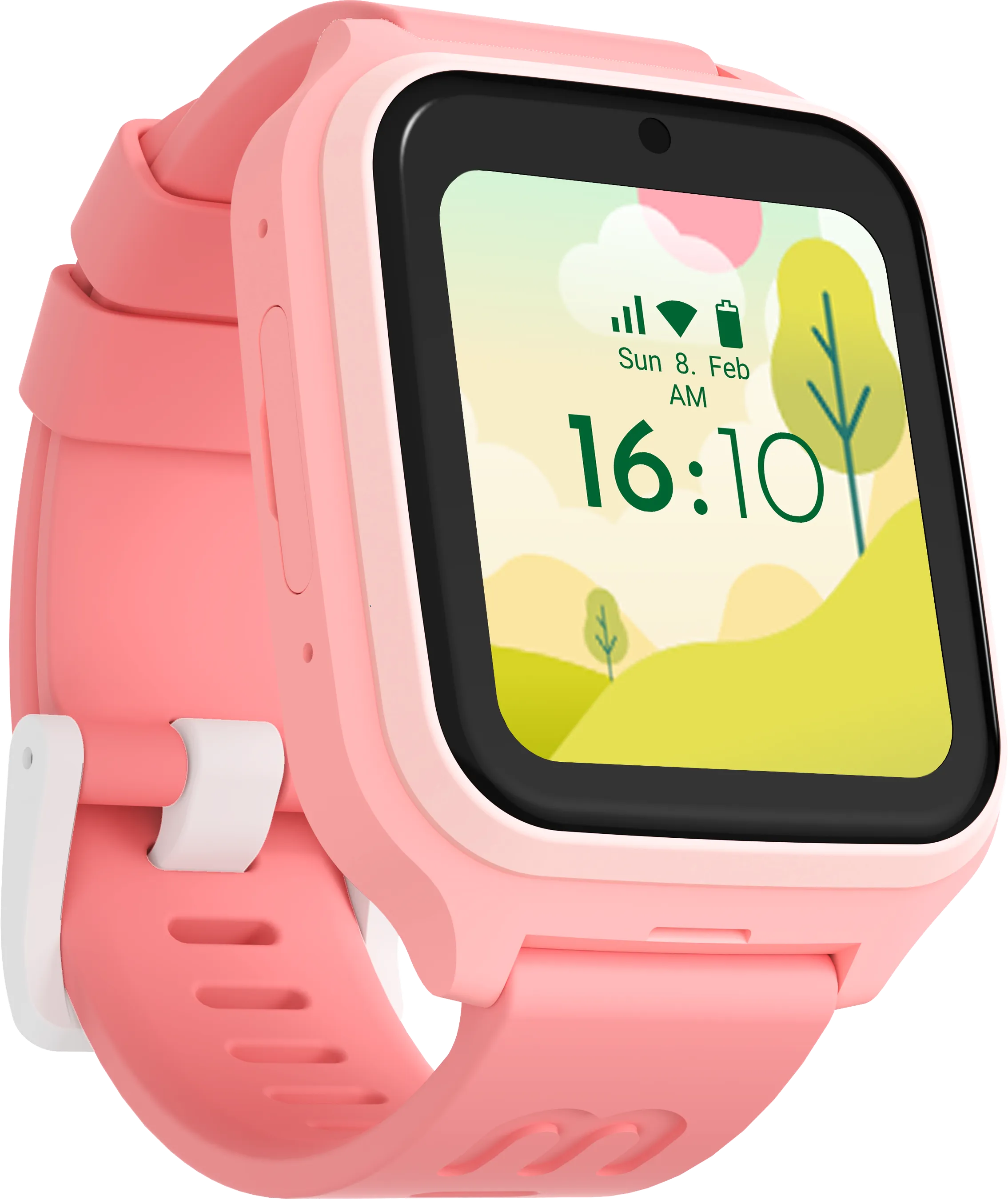 Montre connectée rose avec écran noir affichant l'heure et la date. Le bracelet est rose avec fermoir blanc.