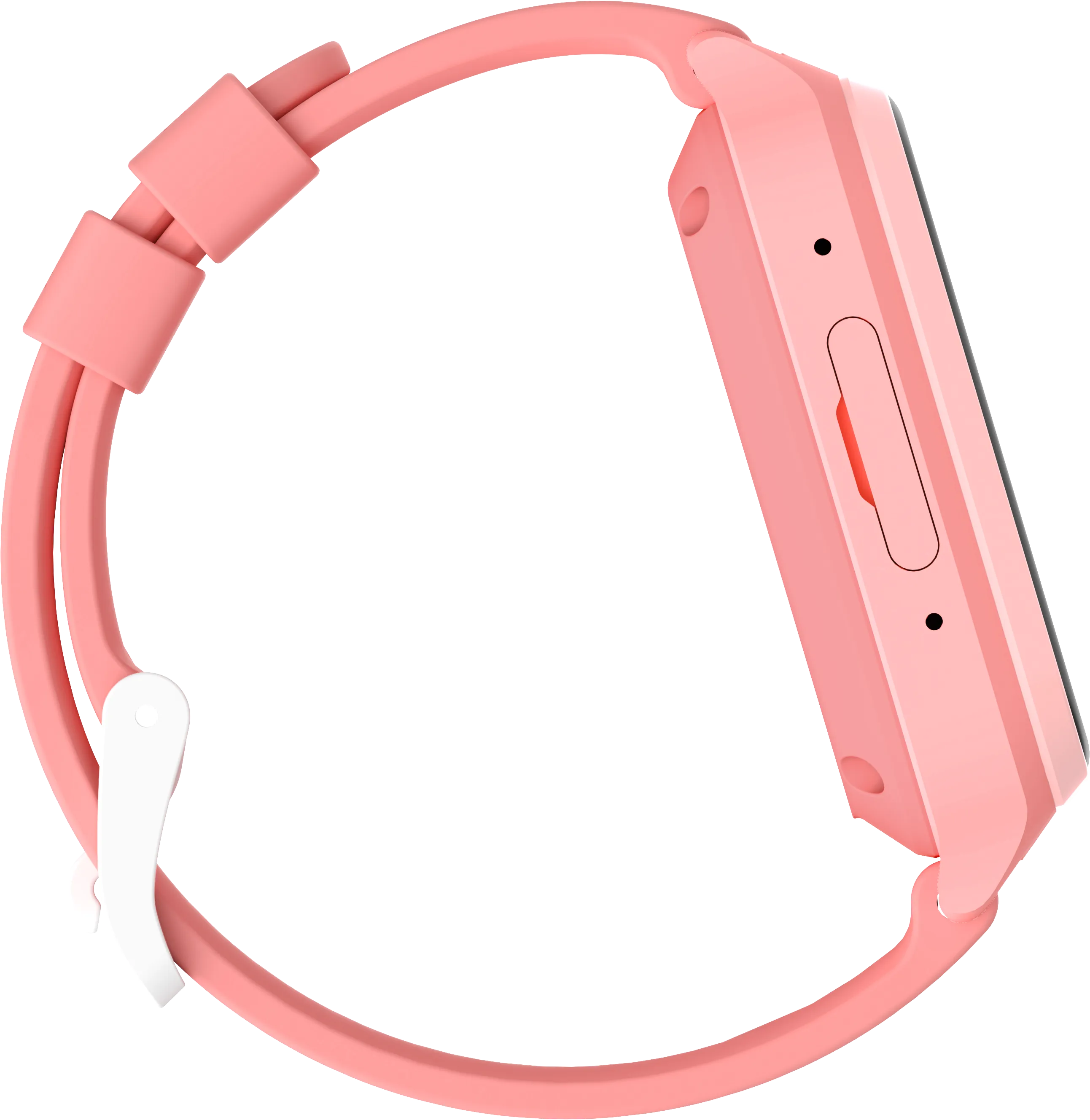 Montre intelligente rose avec un bracelet incurvé. La montre a un bouton rouge et un écran noir.