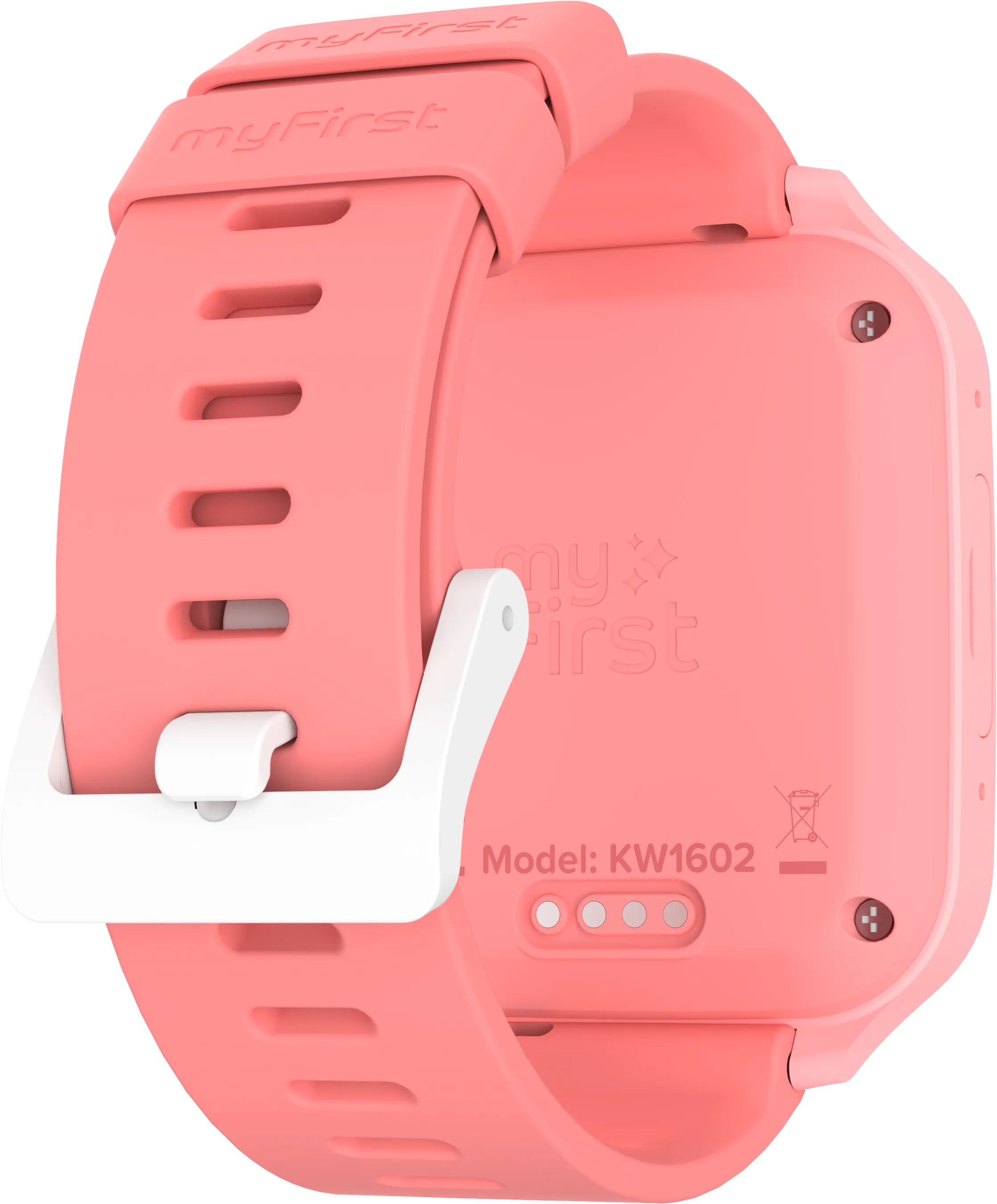Une montre connectée rose avec le bracelet ouvert. La marque 'myFirst' est visible. Le modèle de la montre est KW1602.