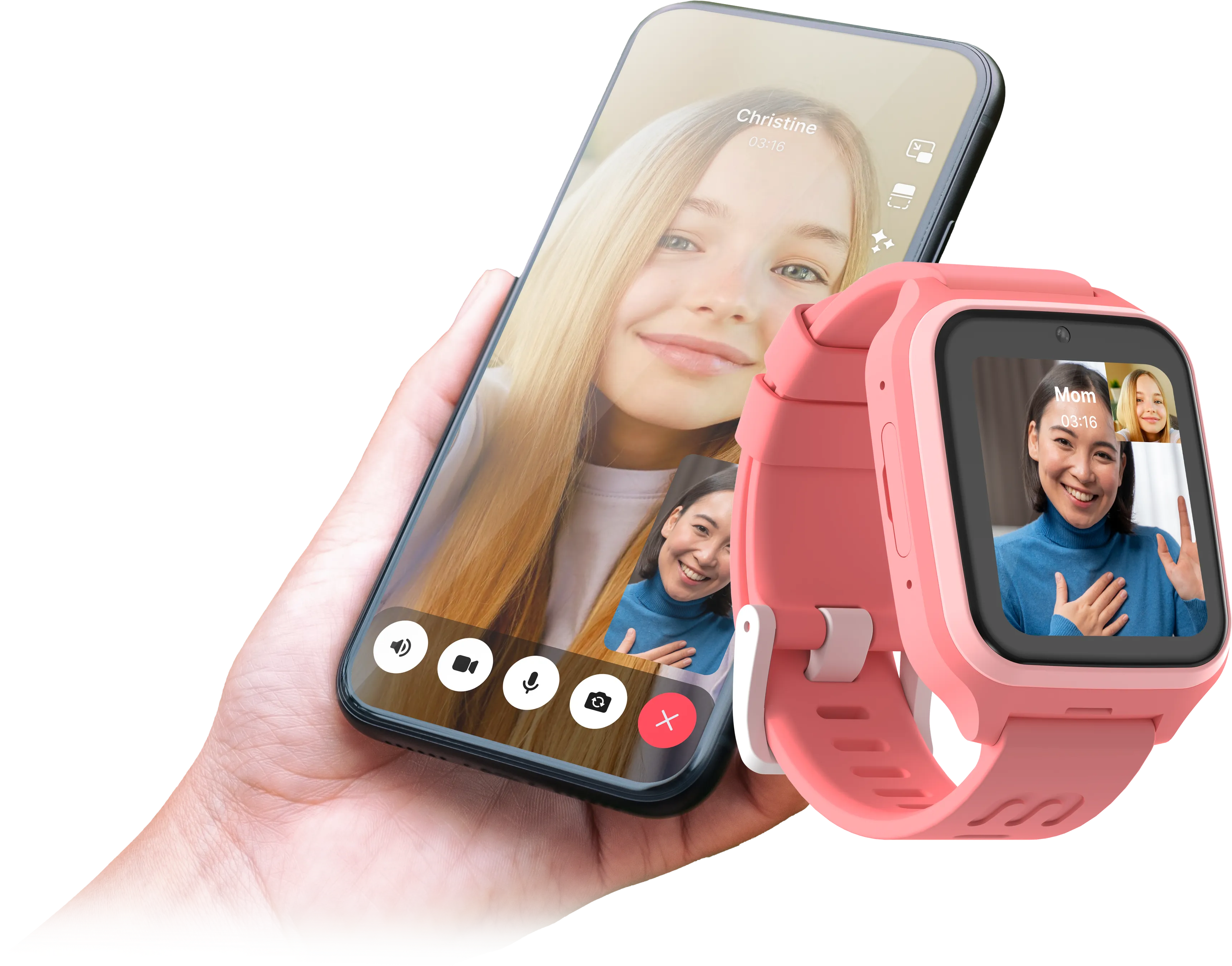 Main tenant un téléphone et une montre intelligente rose. Les deux montrent des appels vidéo. Le téléphone montre une fille, la montre une femme.