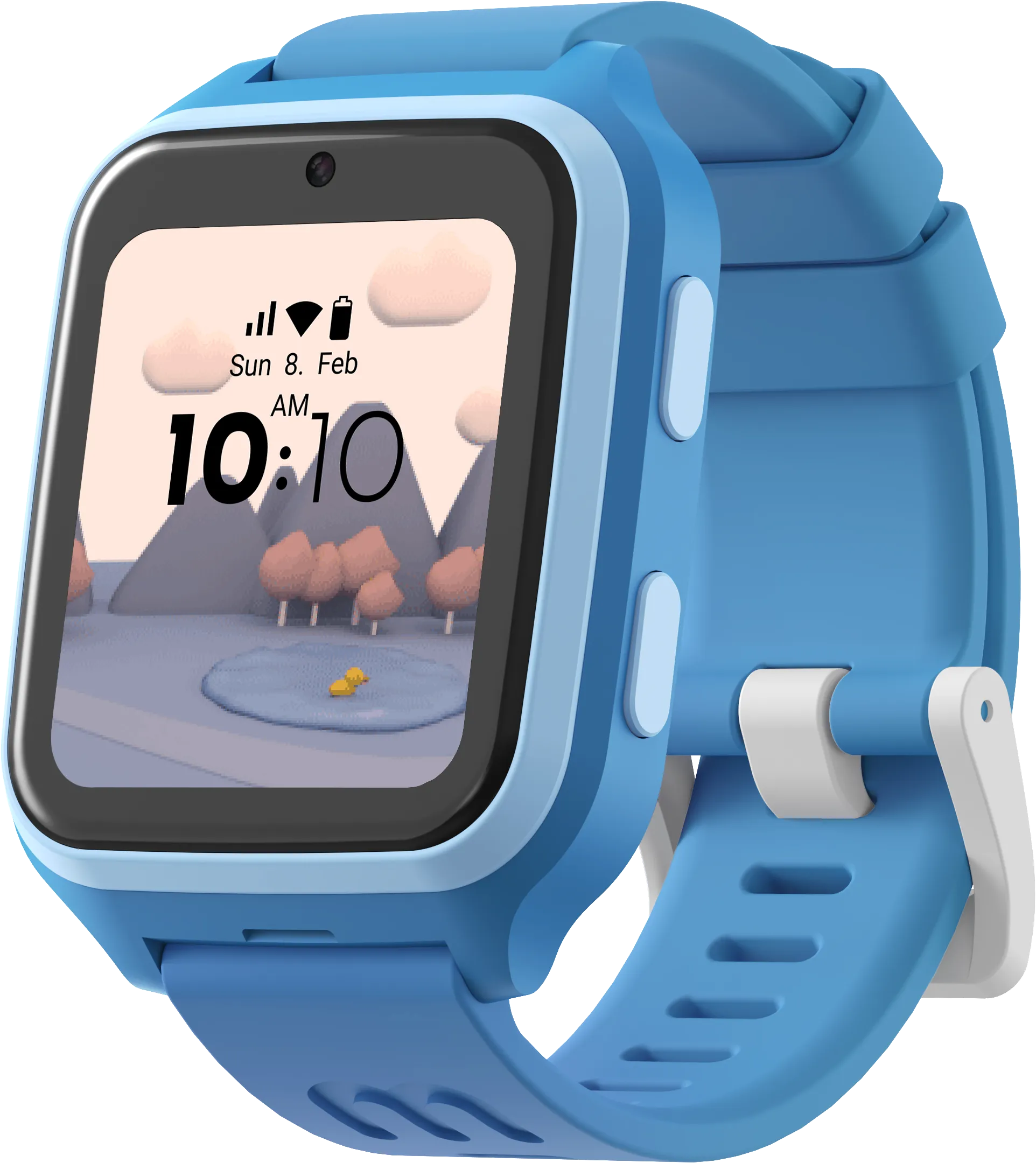 Une montre connectée bleue affiche 10h10, des montagnes, des arbres et un étang. Le bracelet est bleu avec fermoir blanc et boutons.