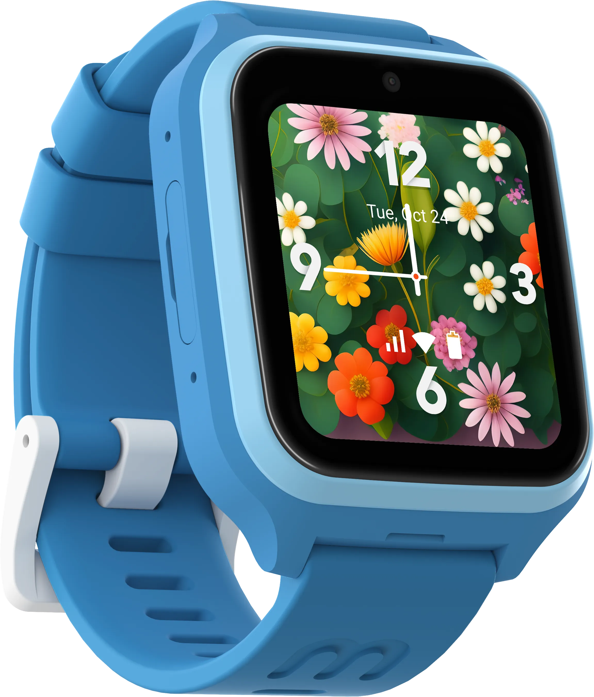Montre connectée bleue avec cadran floral. Affiche l'heure et la date. Bracelet bleu avec fermoir blanc. Fond noir.