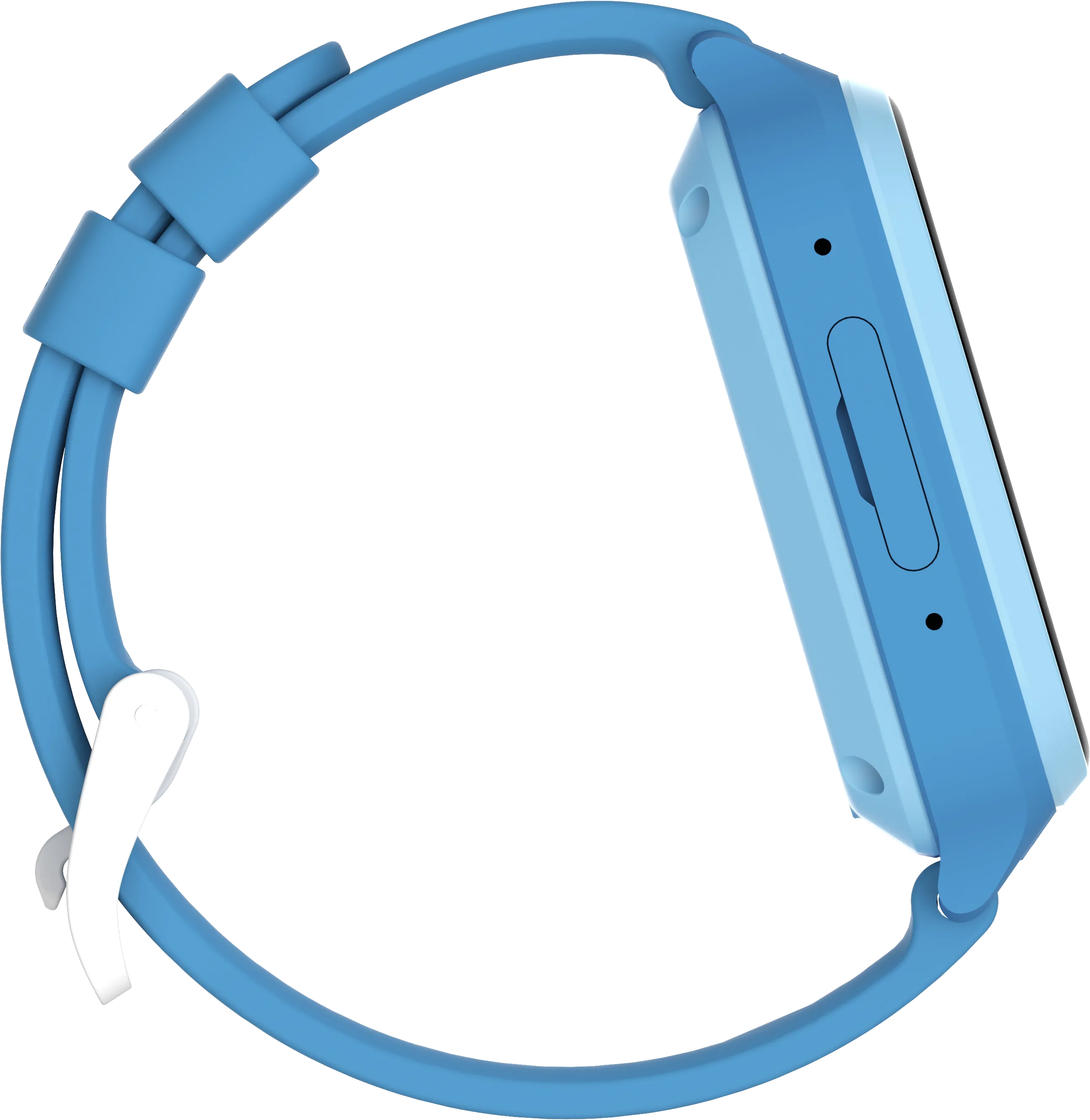 Une montre connectée bleue avec écran et bracelet bleu clair. Le fermoir est blanc. Le fond est noir.