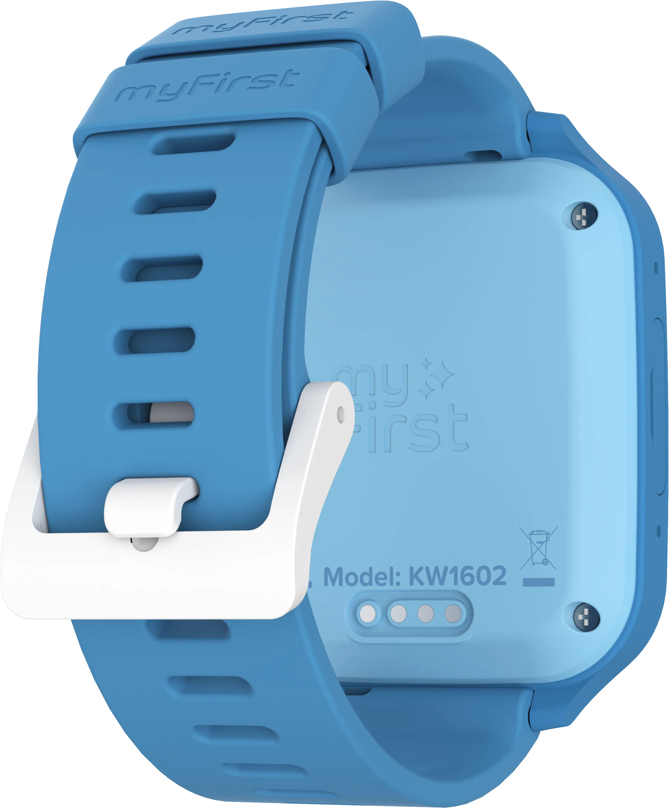 Une montre connectée bleue avec un fermoir blanc. La montre affiche le mot 'myFirst'. Le modèle KW1602 est visible.