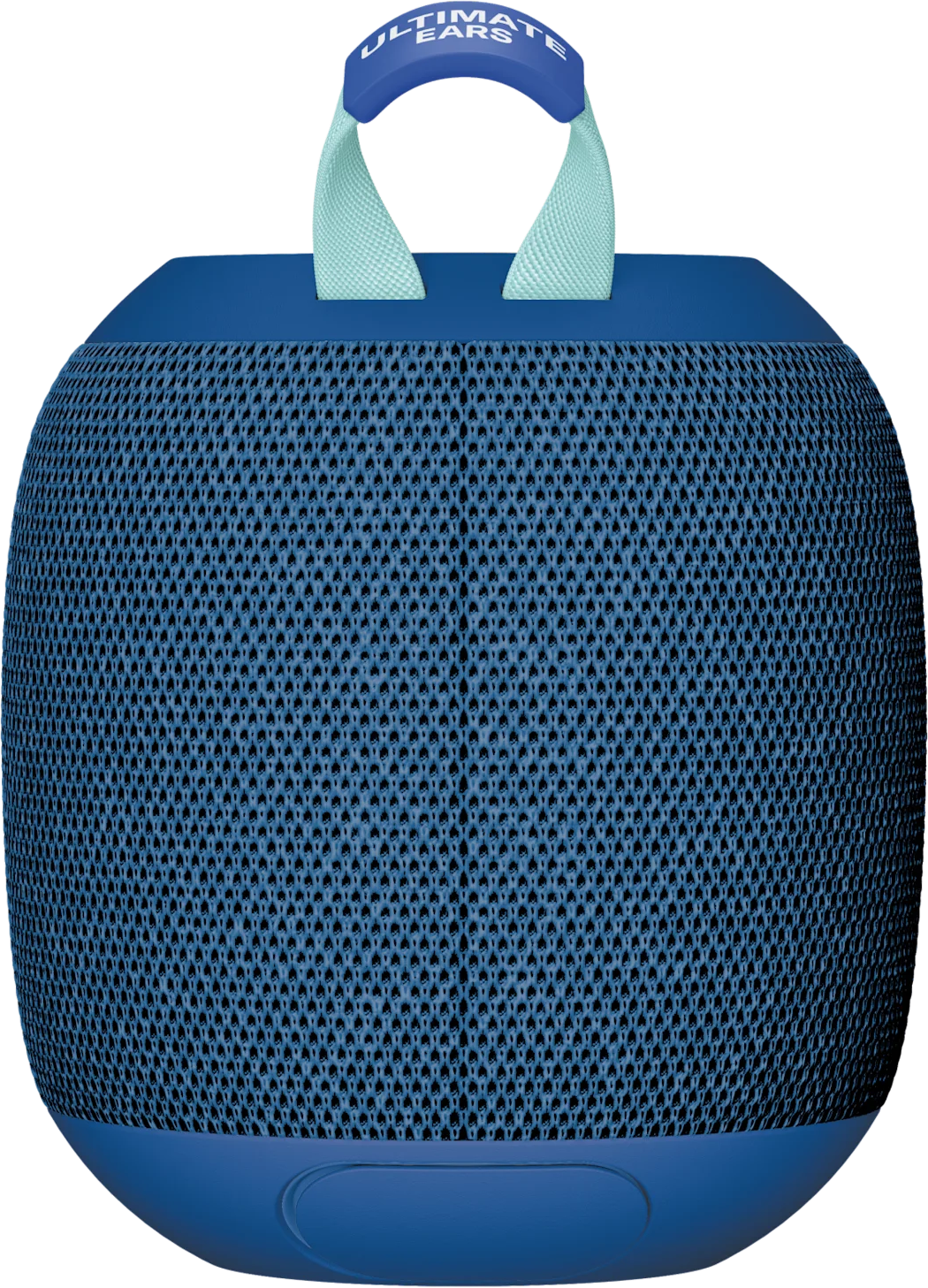 Ein blauer, ovaler Ultimate Ears Lautsprecher mit Mesh-Front. Er hat einen blauen Griff mit dem Markennamen.
