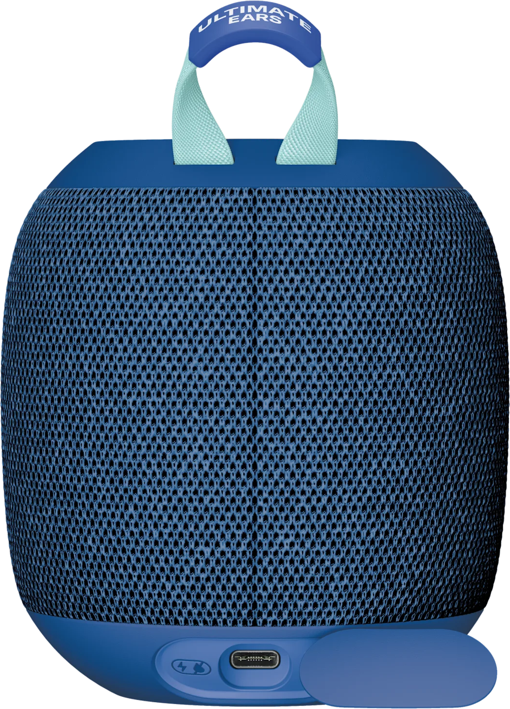 Blauer tragbarer Lautsprecher mit Mesh-Abdeckung. Er hat einen teal farbenen Griff mit 'ULTIMATE EARS'. Die Basis hat Ladeanschlüsse.