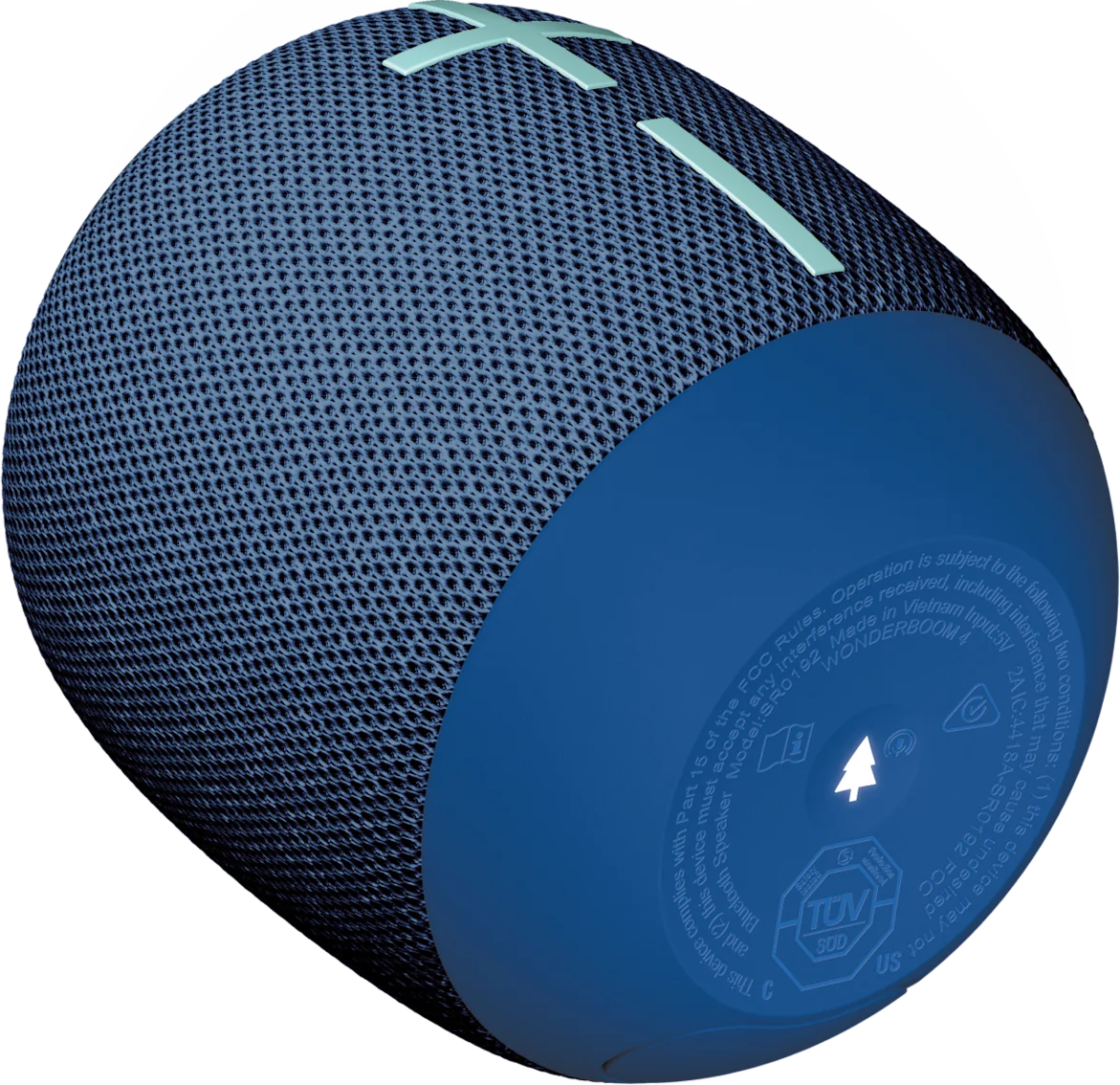 Ein blau-grauer Wonderboom 4 Lautsprecher. Der Lautsprecher hat ein Mesh-Gewebe oben und einen glatten blauen Boden.