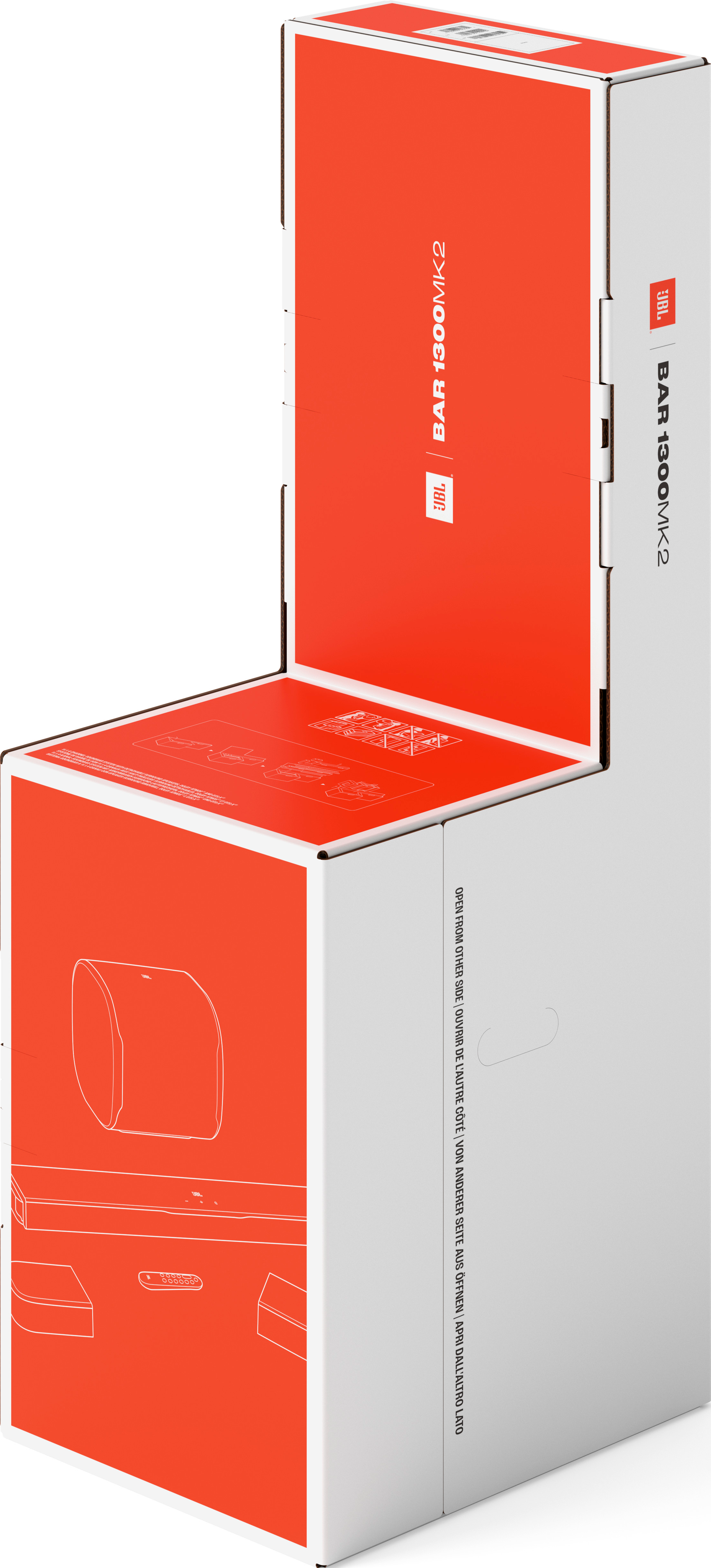 Eine teilweise geöffnete JBL BAR 1300 MK2 Box. Die Box ist weiß und orange. Auf der Box sind Umrisse einer Soundbar und eines Subwoofers zu sehen.