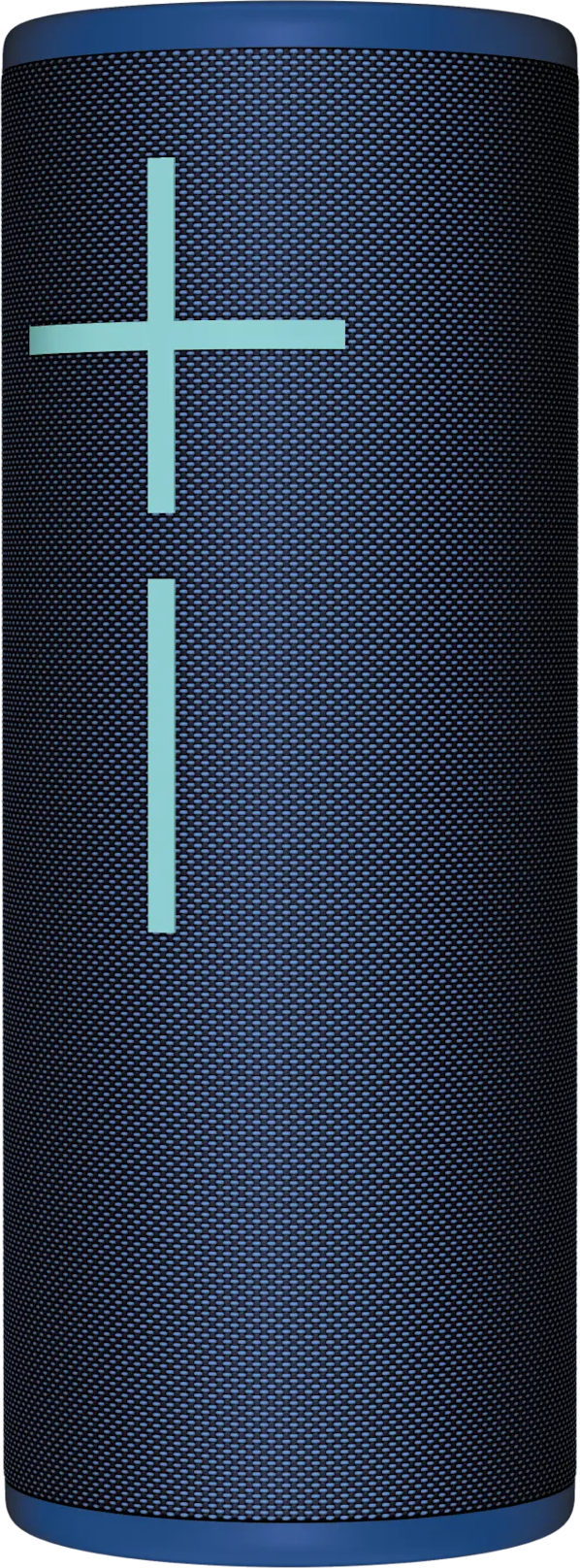 Un haut-parleur bleu cylindrique avec une croix et une ligne au milieu. Le haut-parleur a une surface texturée et un dessus bleu foncé.