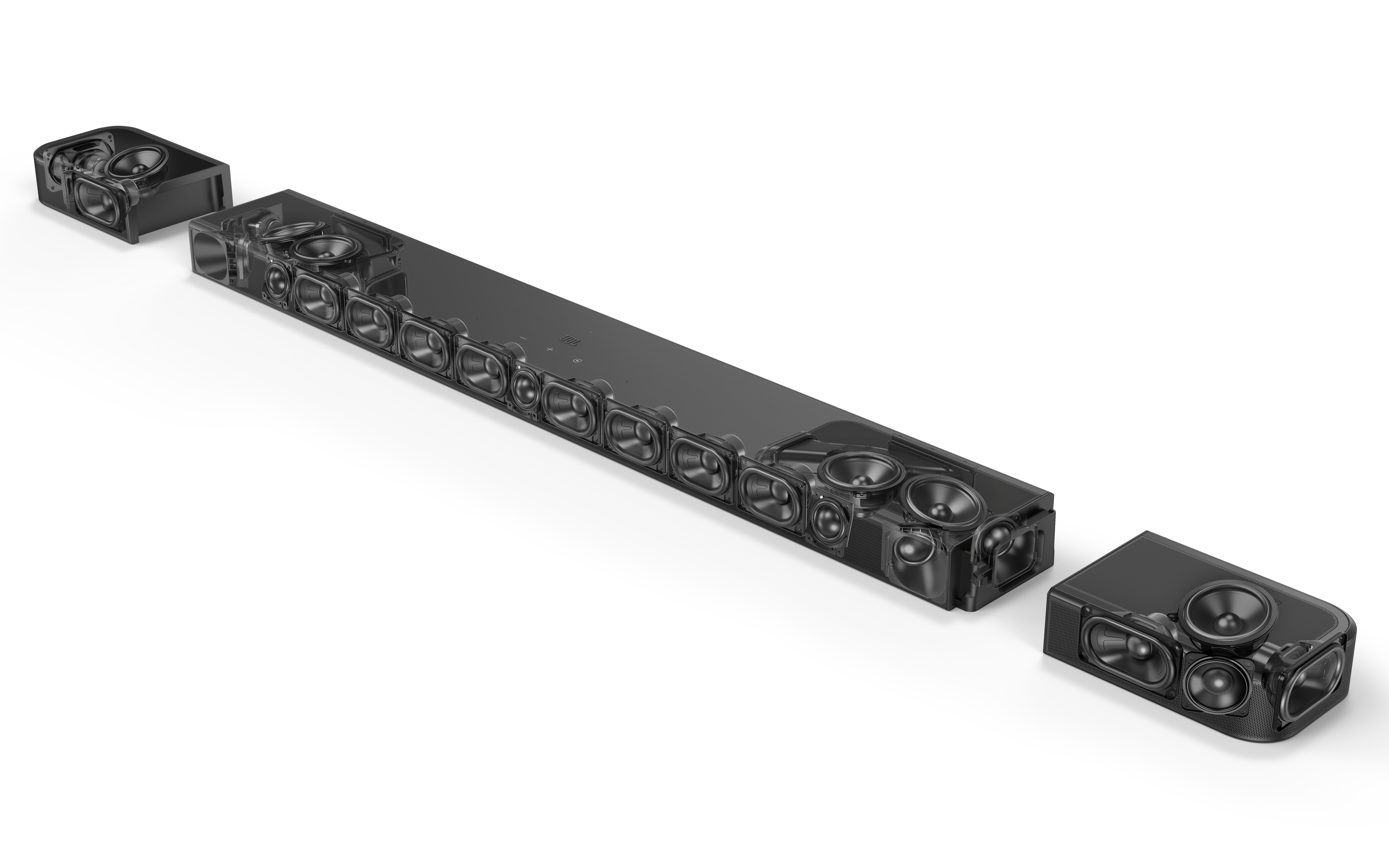 Schwarze Soundbar mit mehreren Lautsprechern und zwei abnehmbaren Lautsprechermodulen auf weißem Hintergrund.