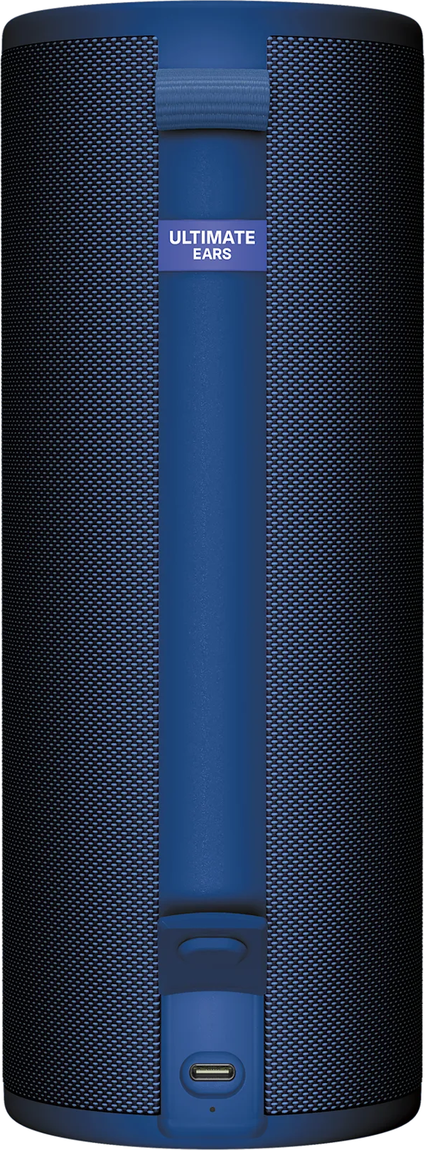 Une enceinte bleue Ultimate Ears. Elle a un corps en mesh texturé avec un accent bleu et le nom de la marque. Elle possède un port USB.