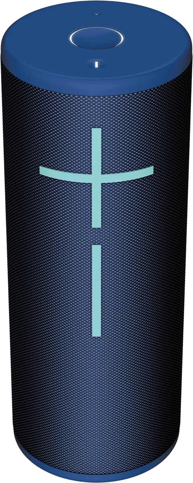 Un haut-parleur cylindrique bleu avec un signe plus bleu clair. Le dessus a un bouton. Fond sombre.