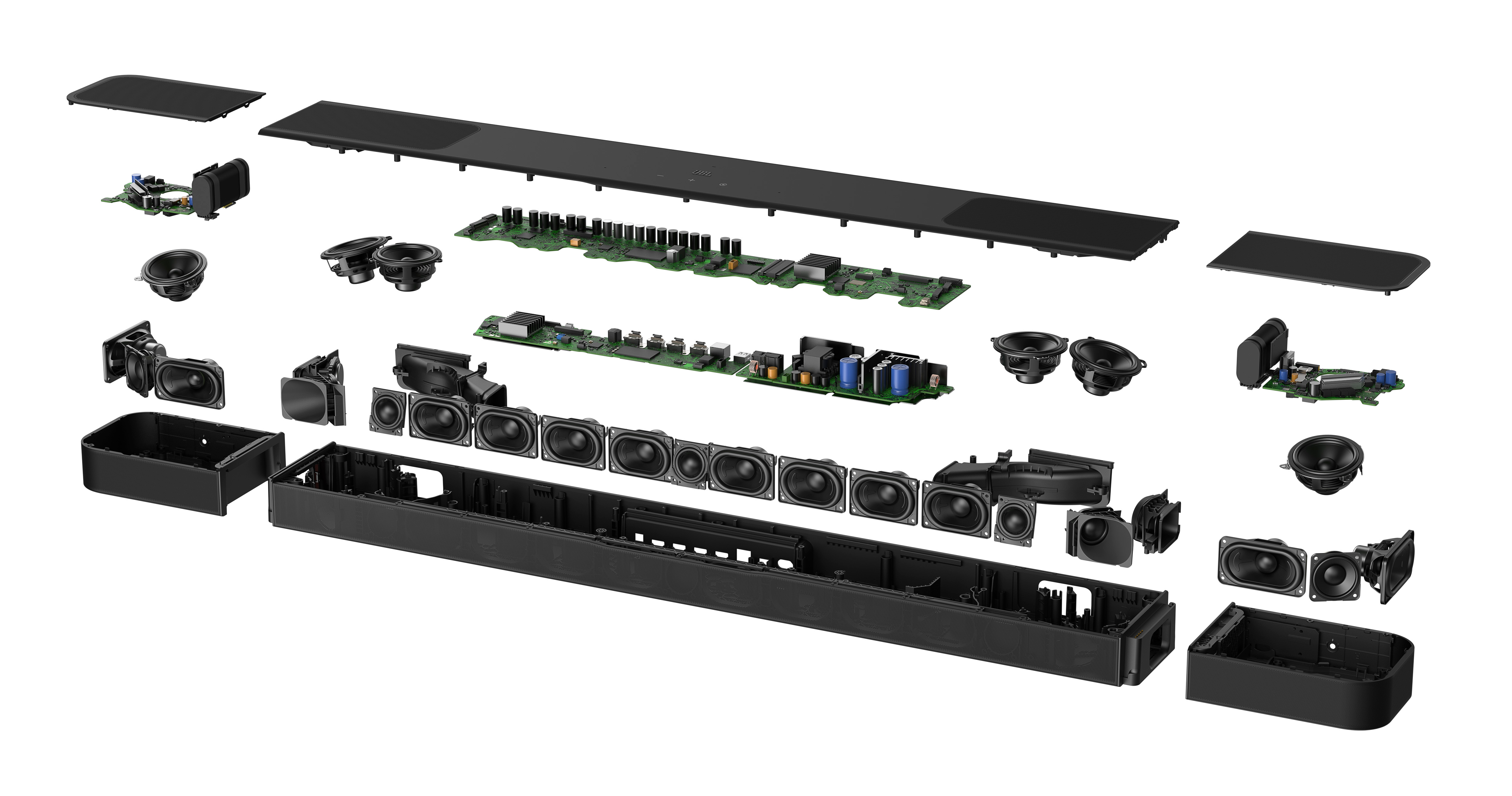 Explosionszeichnung einer Soundbar. Komponenten umfassen Lautsprecher, Leiterplatten und Abdeckungen, alle schwarz, zur inneren Struktur.