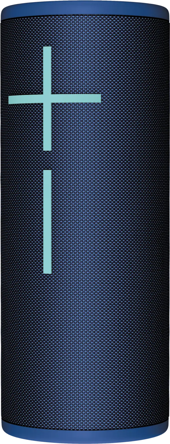 Un haut-parleur cylindrique avec une base et un dessus bleus. Il a un signe plus et une ligne verticale turquoise.