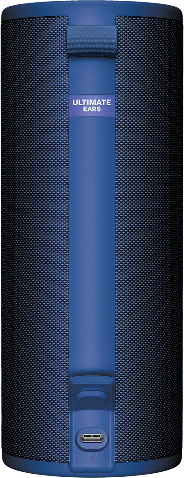 Un haut-parleur cylindrique bleu avec une texture semblable à du tissu. Il a une bande bleue au centre et les mots "ULTIMATE EARS".