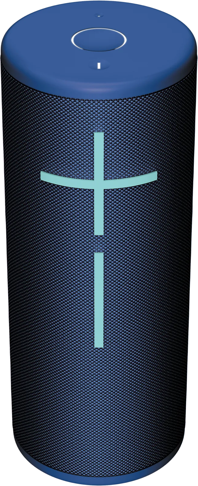 Un haut-parleur cylindrique bleu avec une texture en maille. Il a un design en forme de croix sarcelle et un bouton en haut.