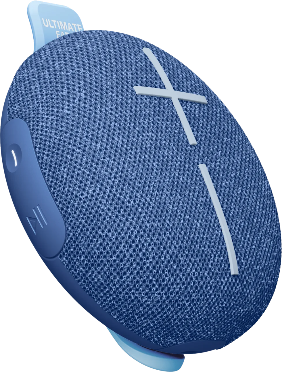 Blauer tragbarer Lautsprecher mit weißem Kreuzdesign. Mit Schlaufe und den Worten "ULTIMATE EAR".