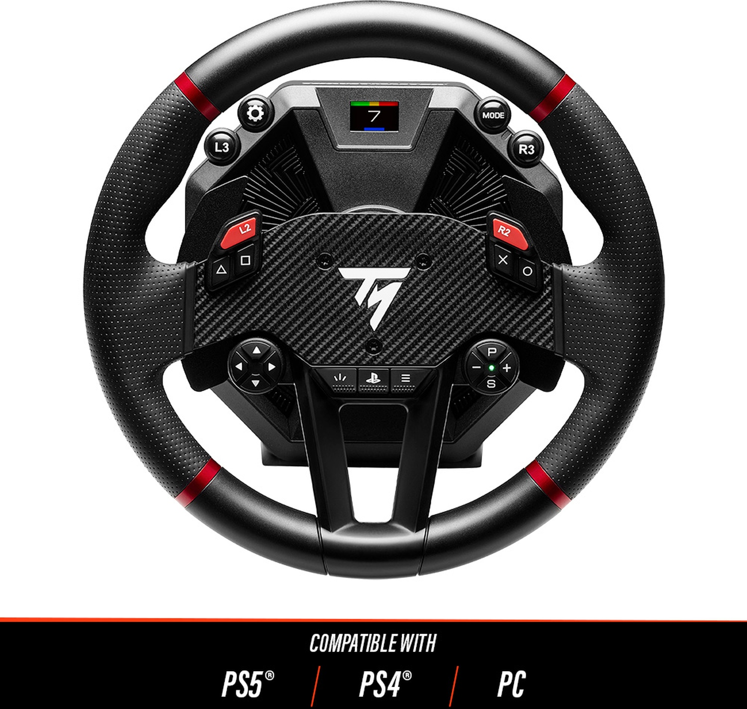 Un volante da corsa nero con dettagli e pulsanti rossi. Mostra uno schermo digitale e il logo del marchio. Compatibile con PS5, PS4 e PC.