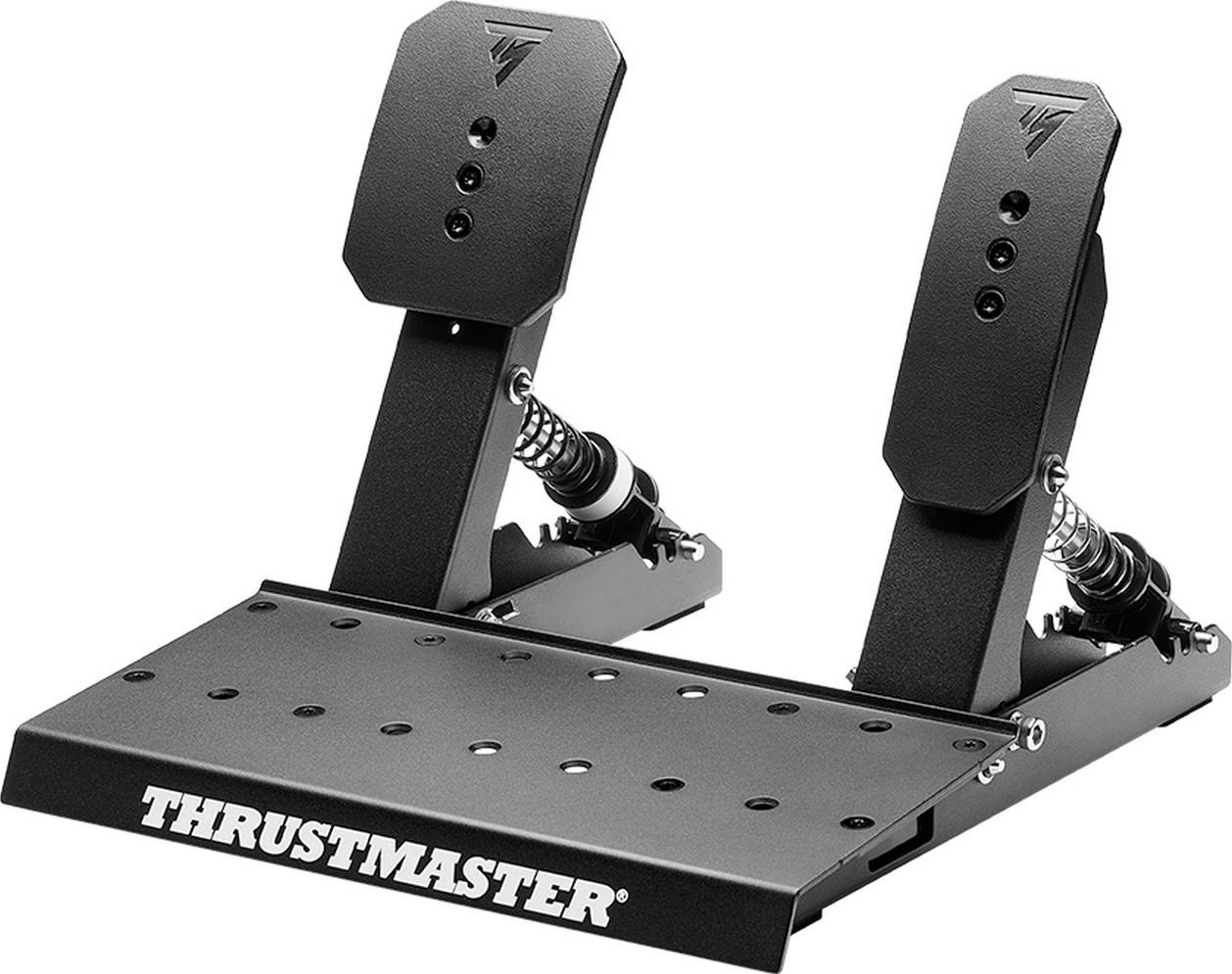 Un set di pedali Thrustmaster nero con due pedali, molle e una base. I pedali sono angolati e presentano il logo Thrustmaster.