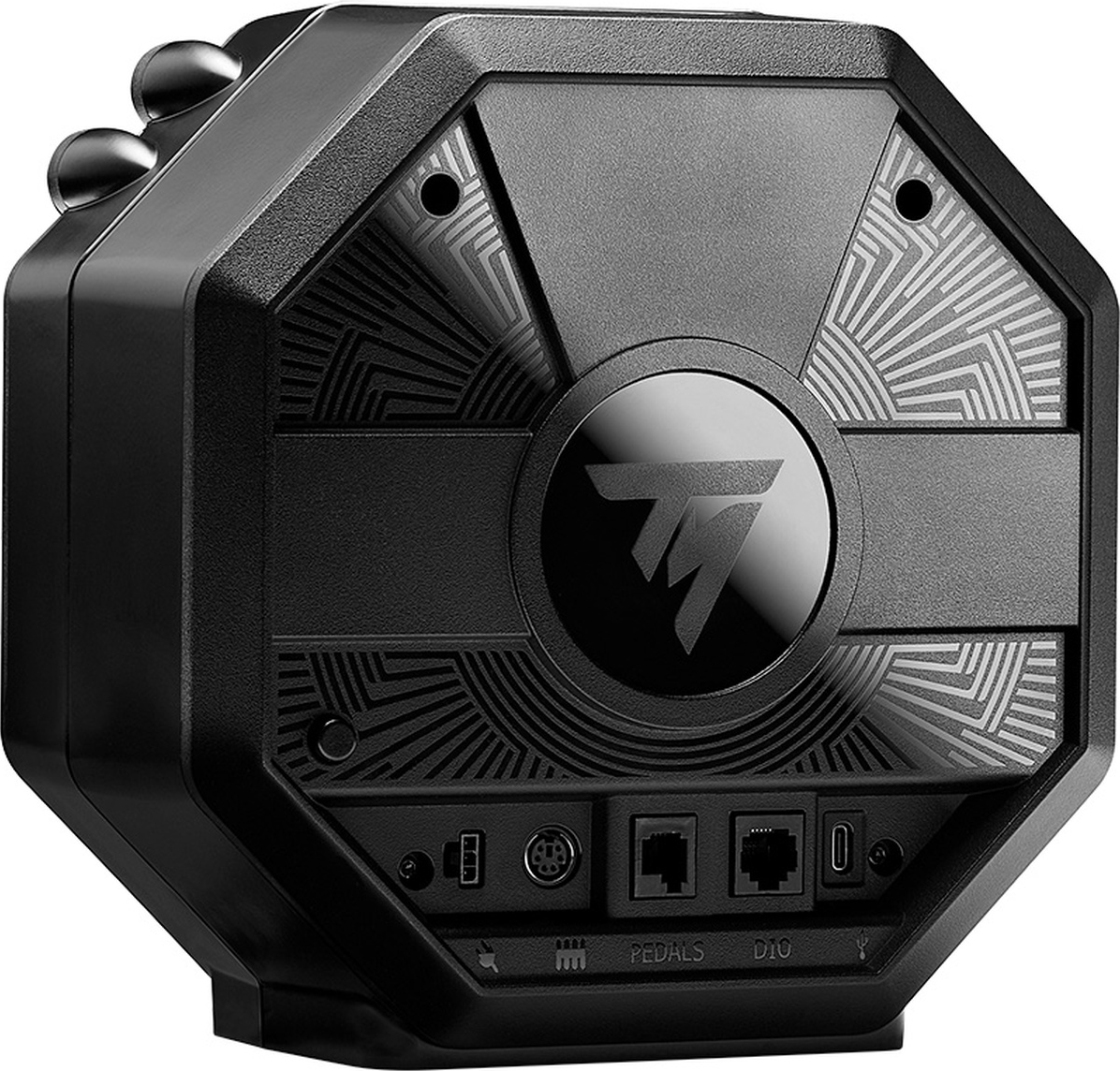 Dispositivo nero ottagonale con motivi argentati e logo del marchio. Porte per pedali e altre connessioni visibili in basso.