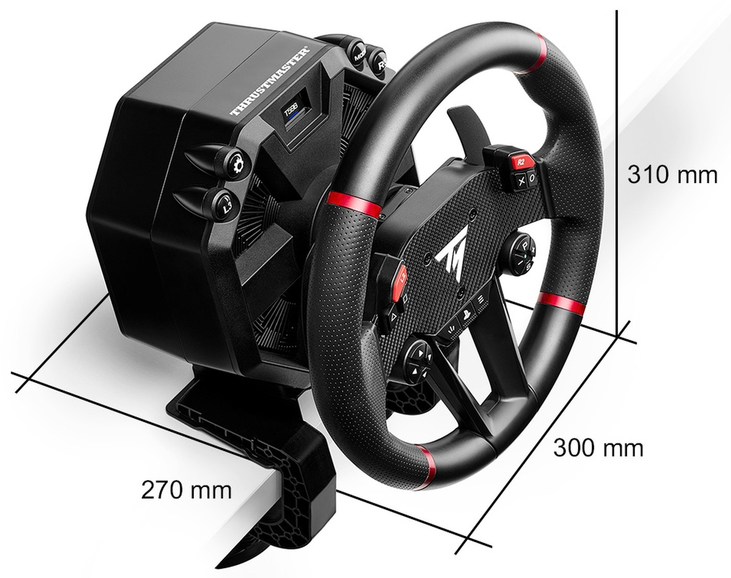 Volante da corsa Thrustmaster nero con dettagli rossi. Dimensioni: 270 mm, 300 mm e 310 mm.