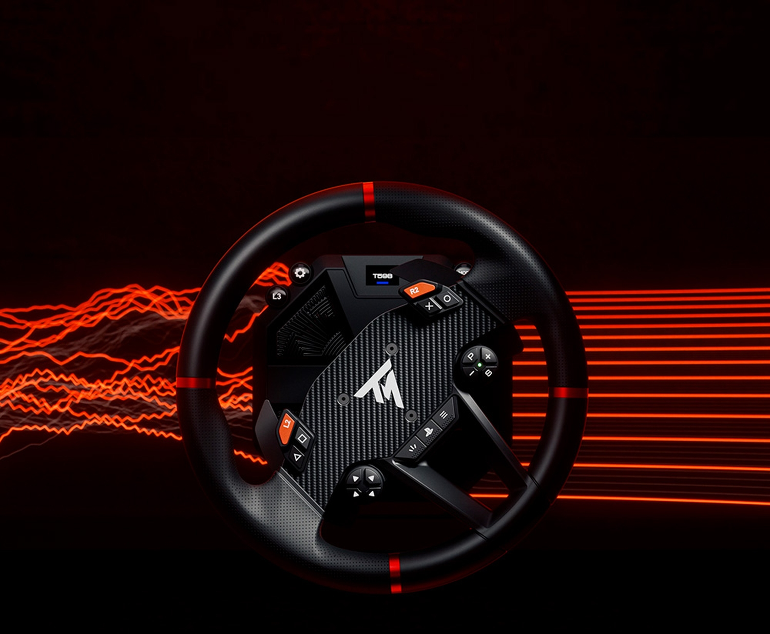 Un volante da corsa nero con dettagli rossi. Ha pulsanti e un display. Lo sfondo è rosso scuro con linee arancioni.