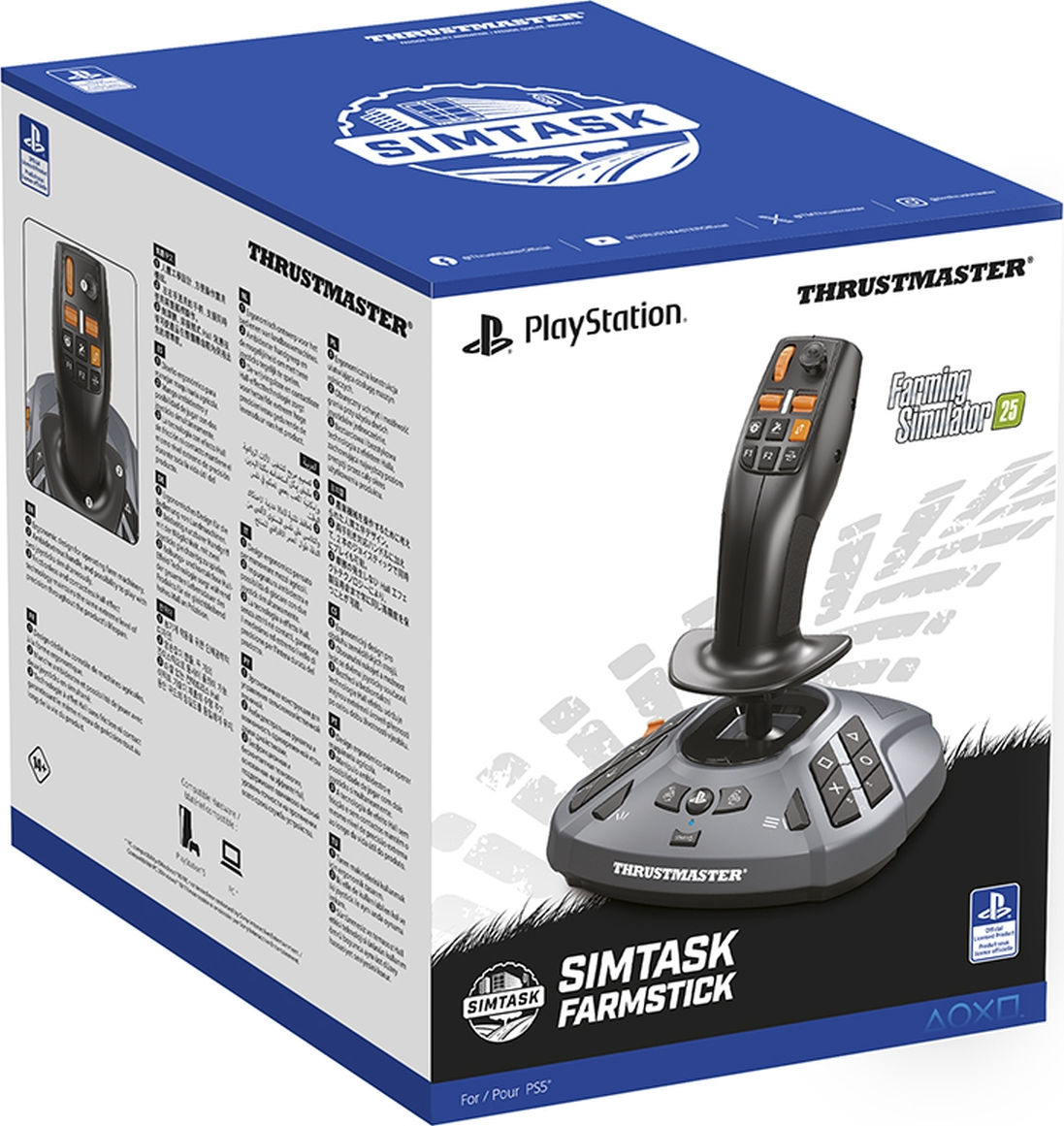 Eine Thrustmaster Simtask Farmstick-Box für PS5 wird gezeigt. Auf der Box ist ein Joystick-Controller abgebildet. Die Box ist blau und weiß.