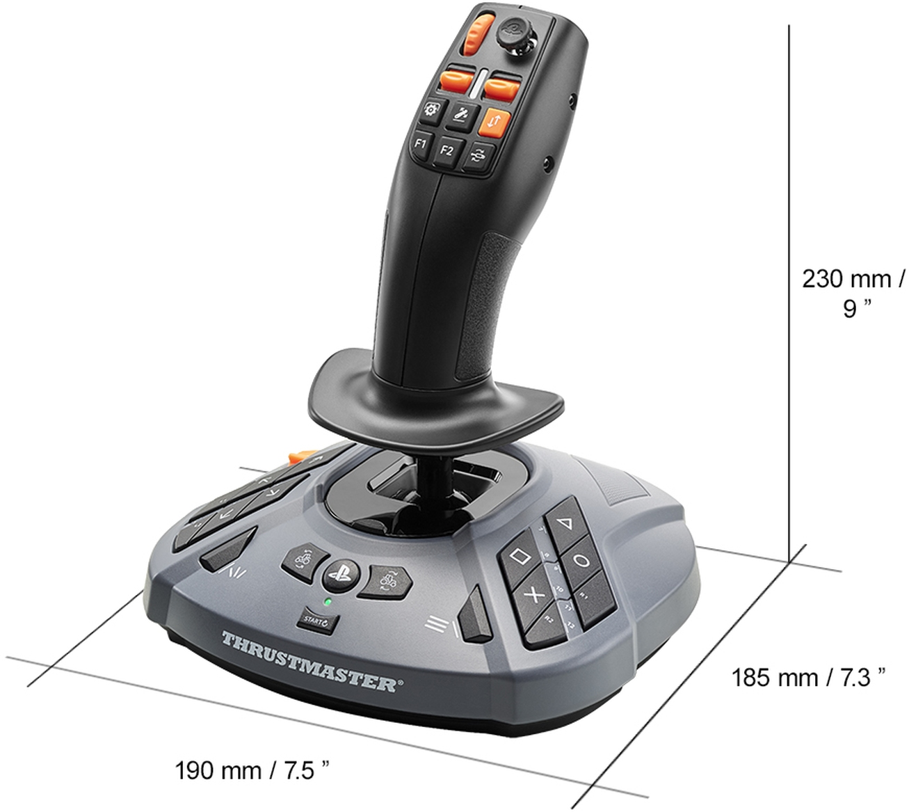 Ein grauer und schwarzer Thrustmaster-Joystick. Er hat verschiedene Tasten, einen schwarzen Griff und orangefarbene Akzente. Abmessungen sind angegeben.