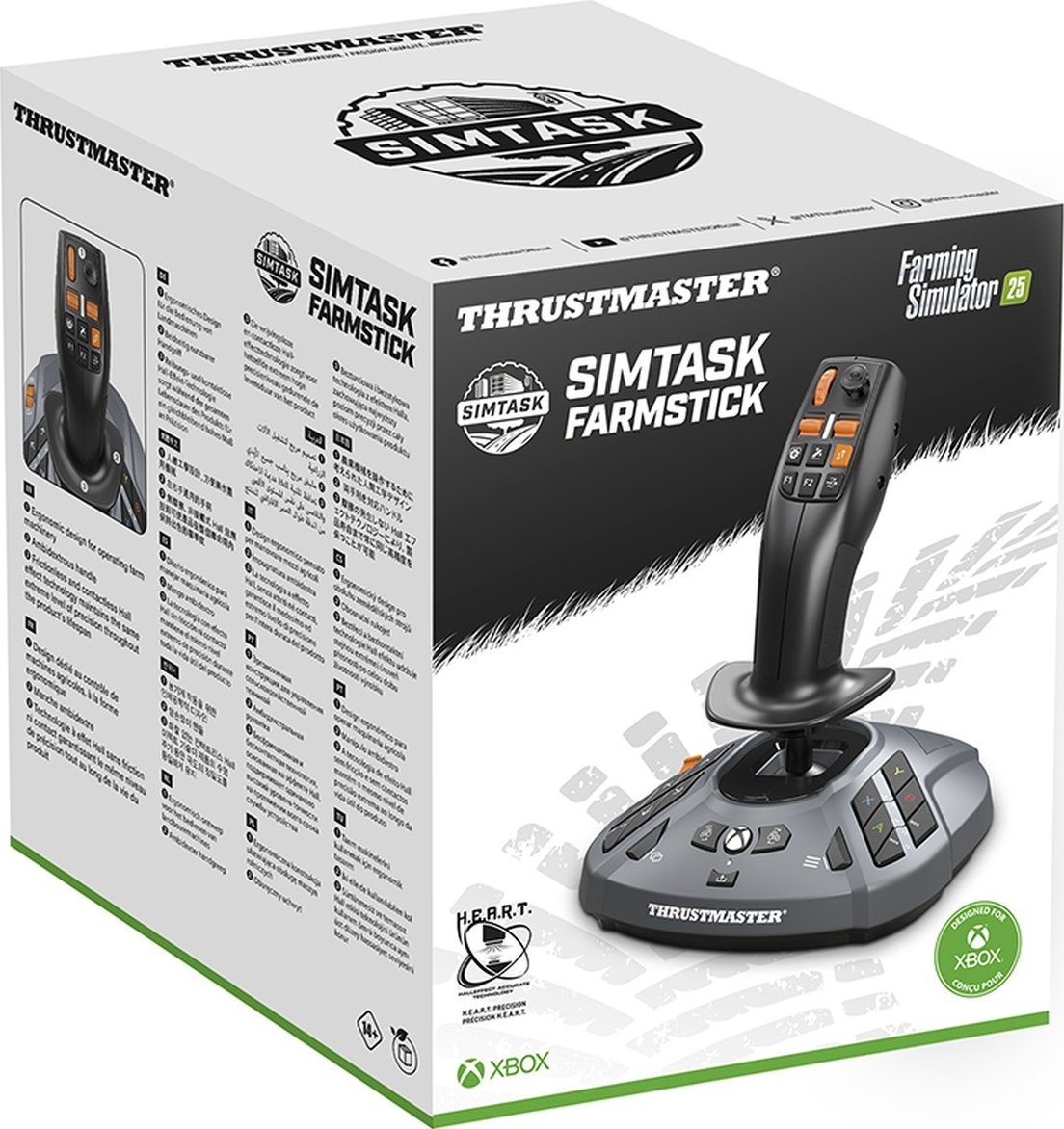 Karton mit grauem und schwarzem Joystick. Auf der Schachtel steht 'SIMTASK FARMSTICK' und 'THRUSTMASTER'.