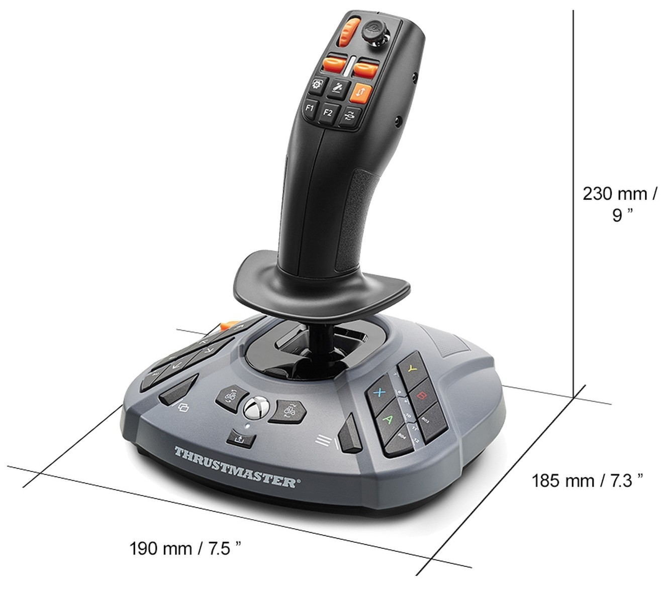 Ein Thrustmaster-Joystick mit orangefarbenen und schwarzen Knöpfen. Abmessungen: 230 mm/9", 185 mm/7,3", 190 mm/7,5".