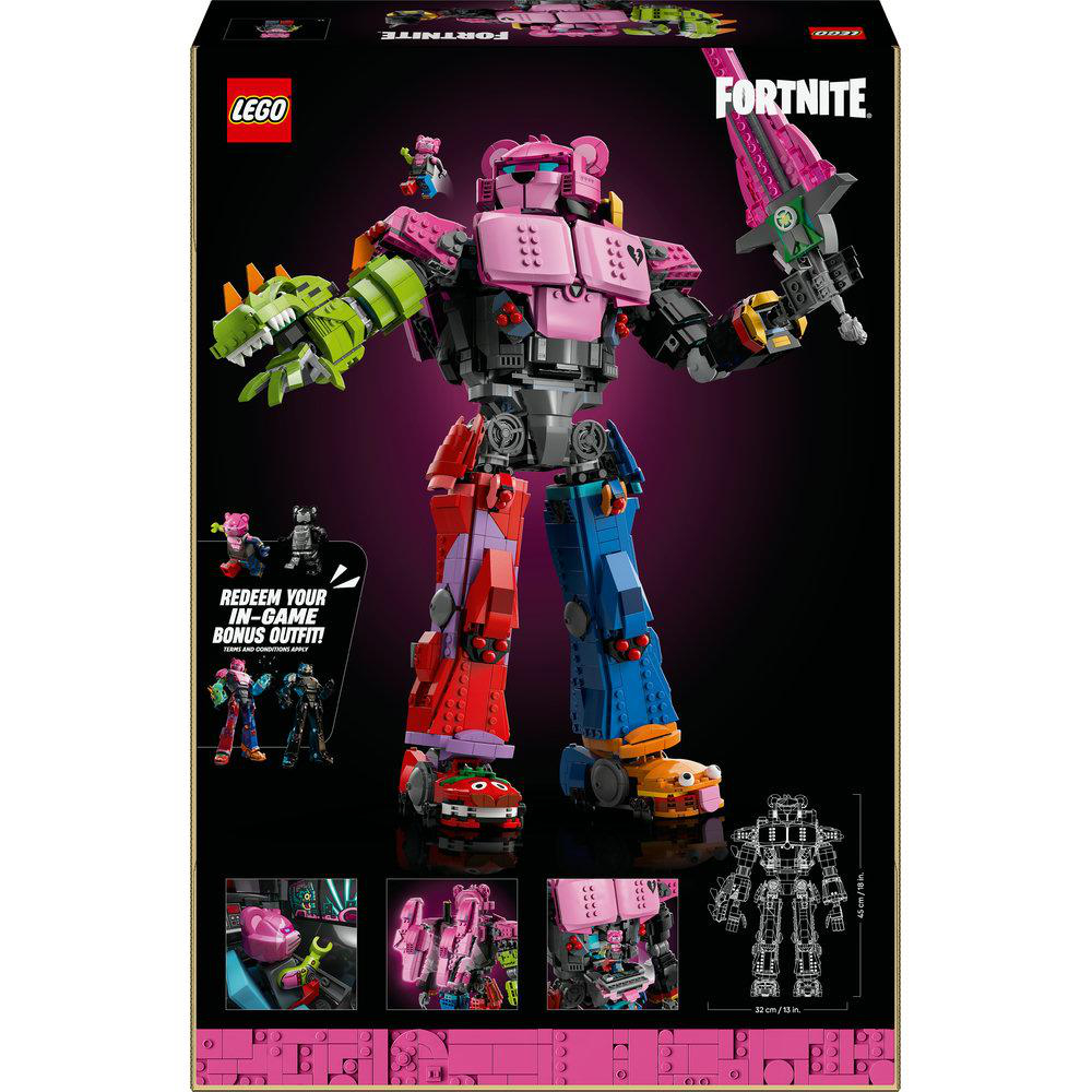 LEGO Fortnite Set-Box. Ein großer rosa Roboter mit Schwert ist die Hauptfigur. Zusätzliche kleine Figuren und Details auf der Box.